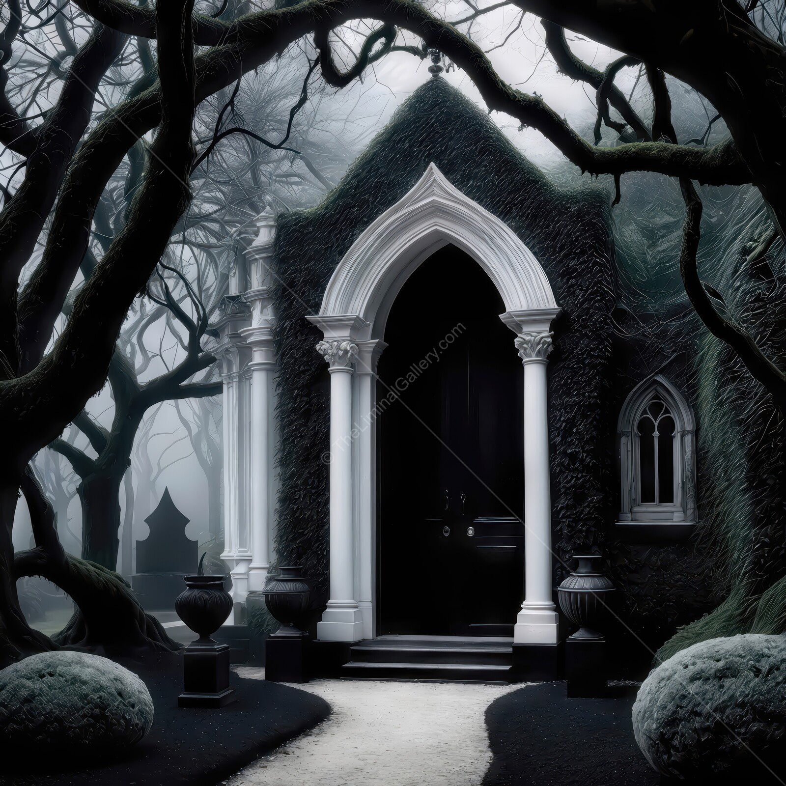 Enigmatic entrance to an ancient structure surrounded by twisted trees and shrouded in mist