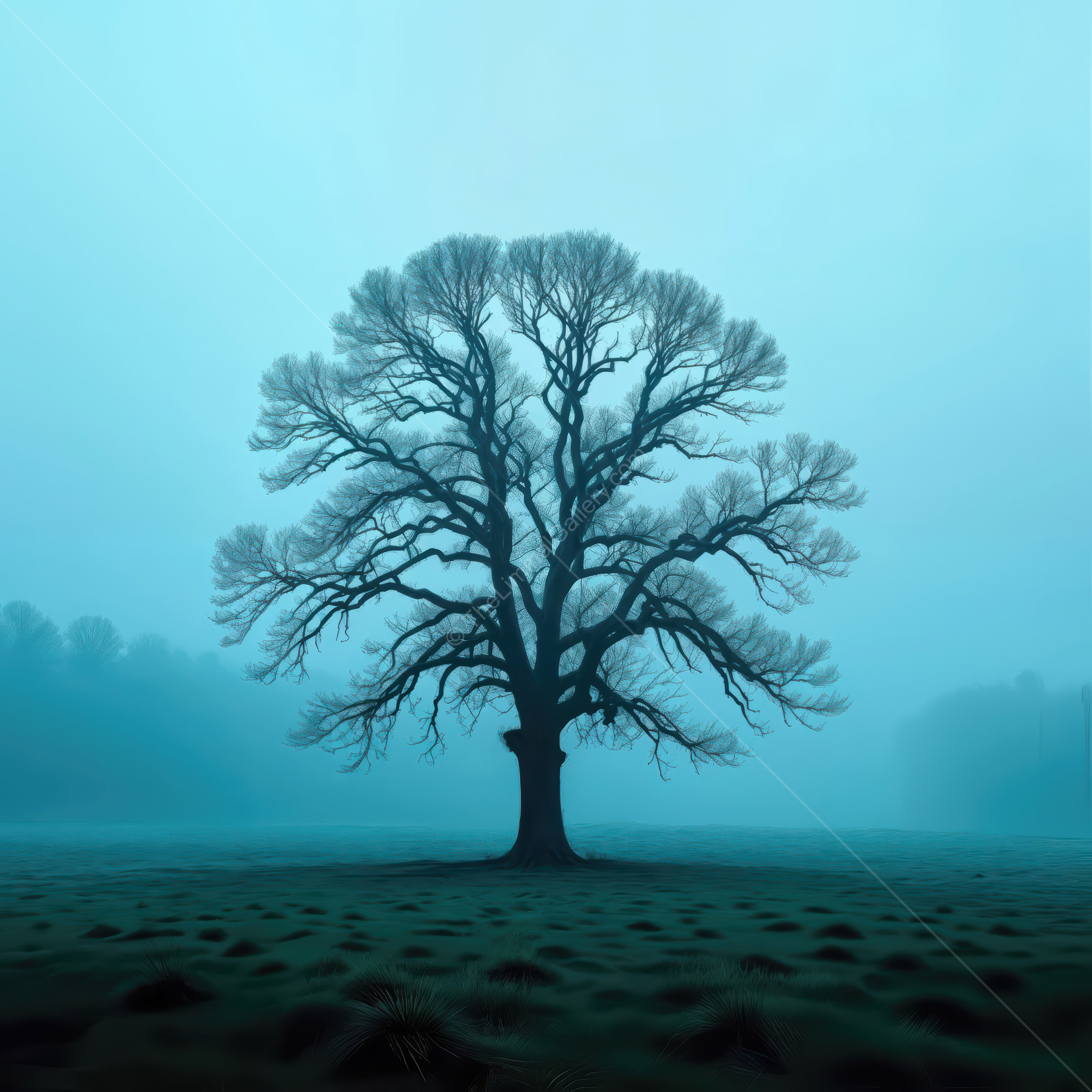 Ancient tree silhouette rises against a misty dawn horizon, solitary presence in quiet field inspiring contemplation, reverence, and wonder at nature's resilience