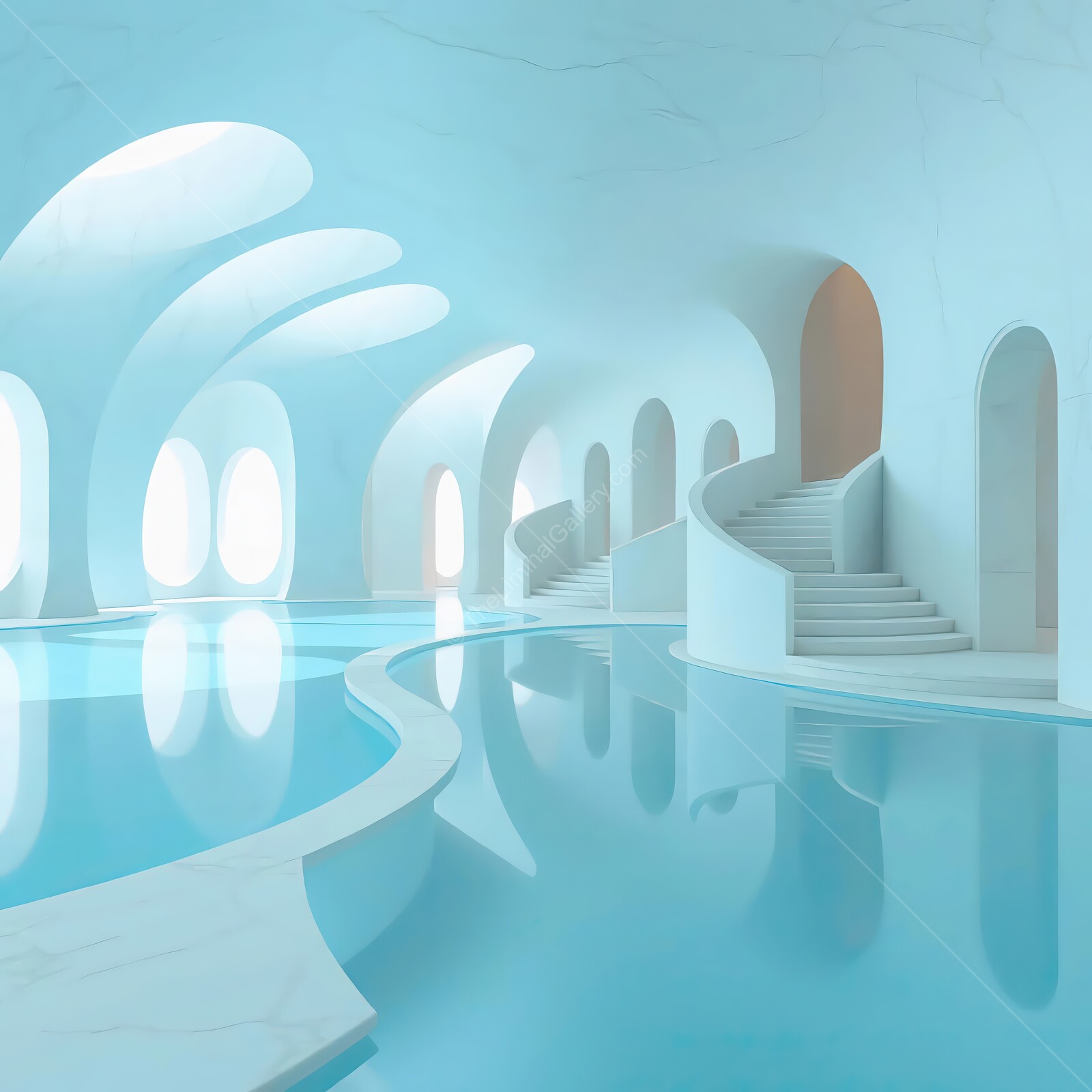 Liminal modern aquatic retreat showcases serene blue tones and elegant architectural design in a tranquil space