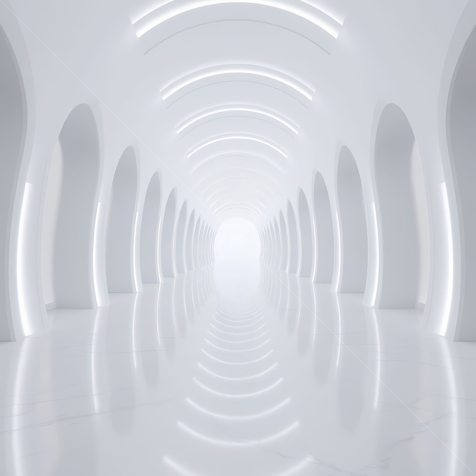 Exploration of a surreal liminal space adorned with arches and glowing lights