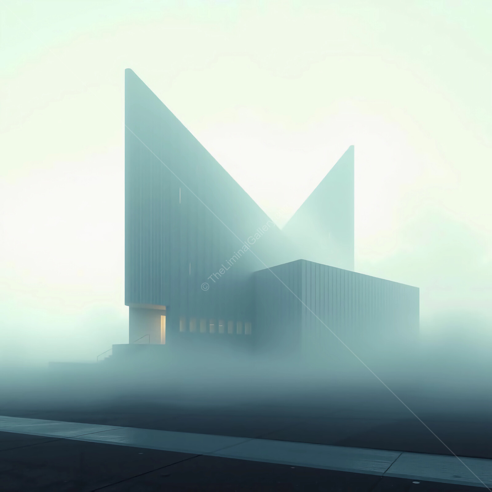 Mysterious liminal architectural marvel emerges from thick fog during early morning hours