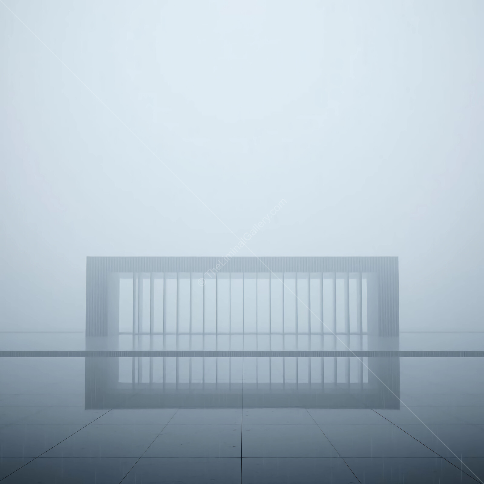 Mysterious liminal architectural structure rises from reflective waters shrouded in morning fog