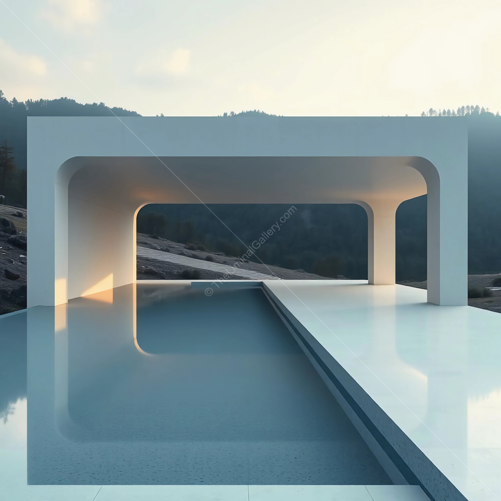 Modern liminal architecture merges with nature at serene hillside pool during golden hour