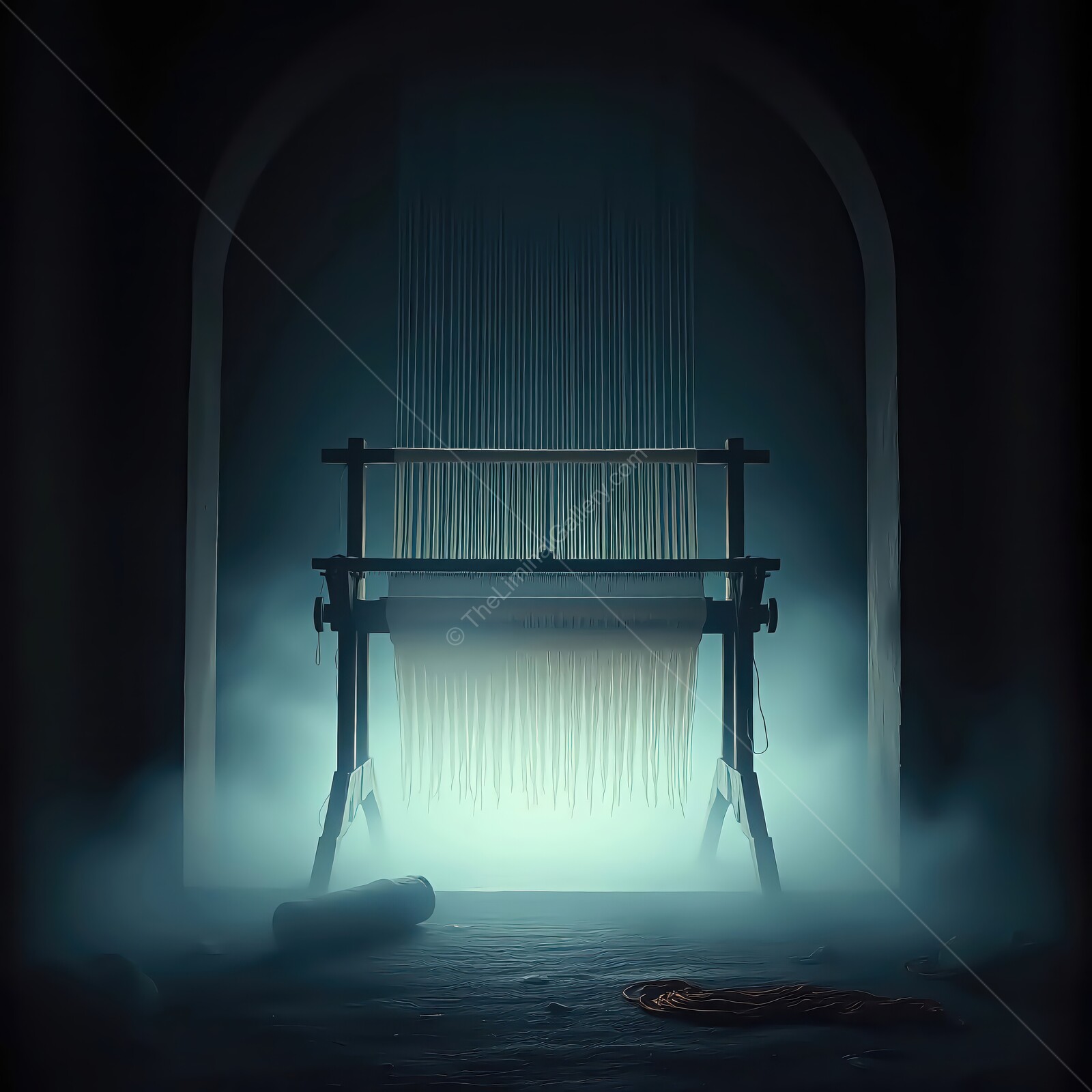 Artisan loom illuminated in a mystical workshop surrounded by ethereal fog