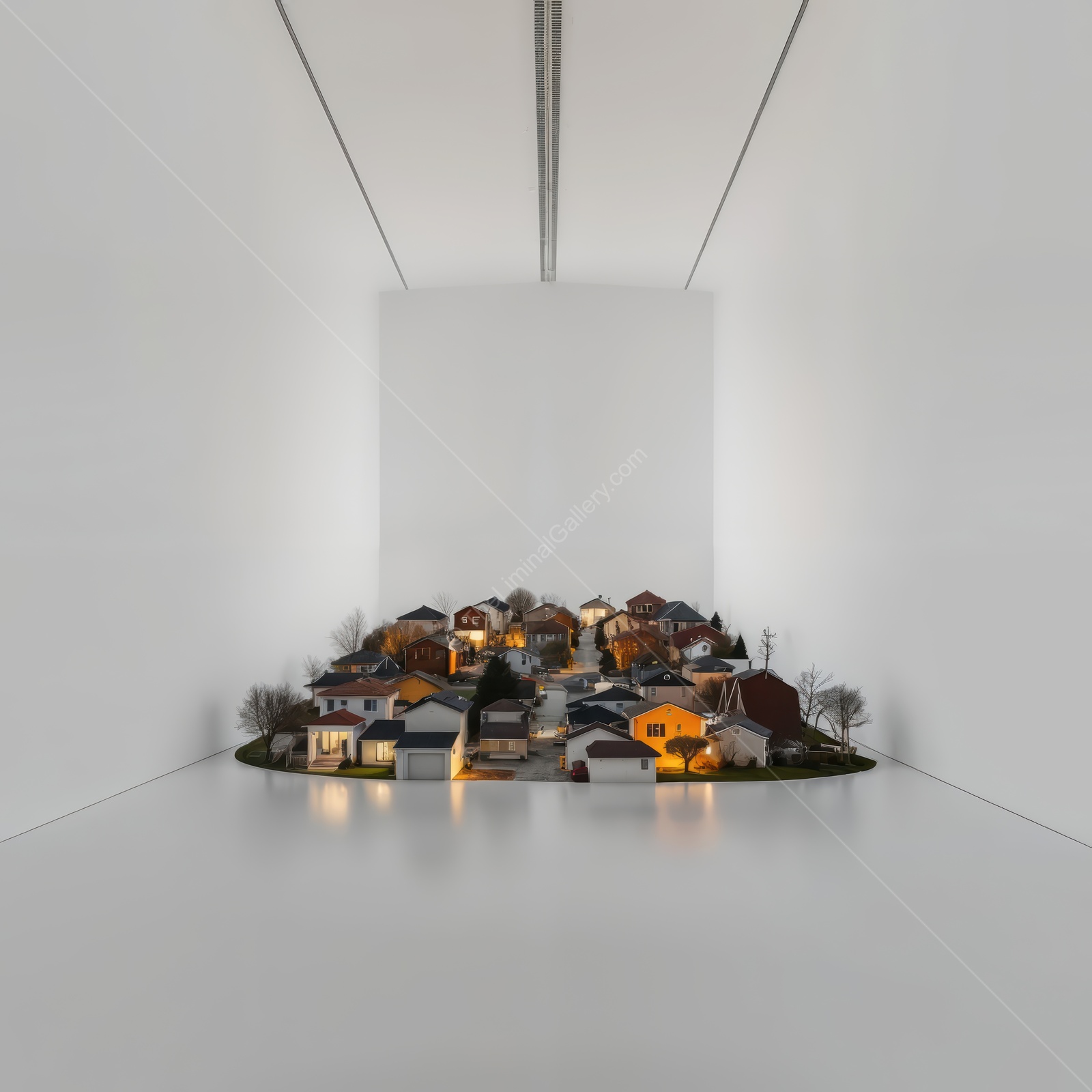Artistic miniature village illuminated in a contemporary gallery, showcasing intricate details and cozy homes