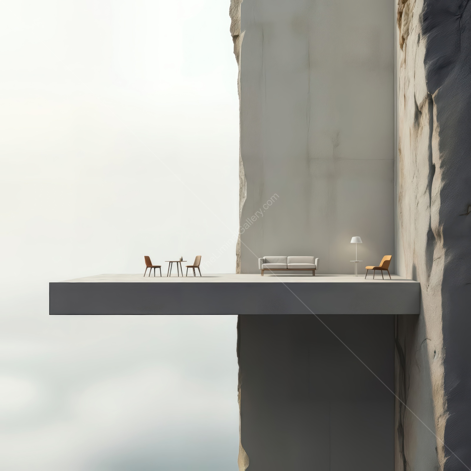 A surreal balancing space with modern furniture against a serene backdrop