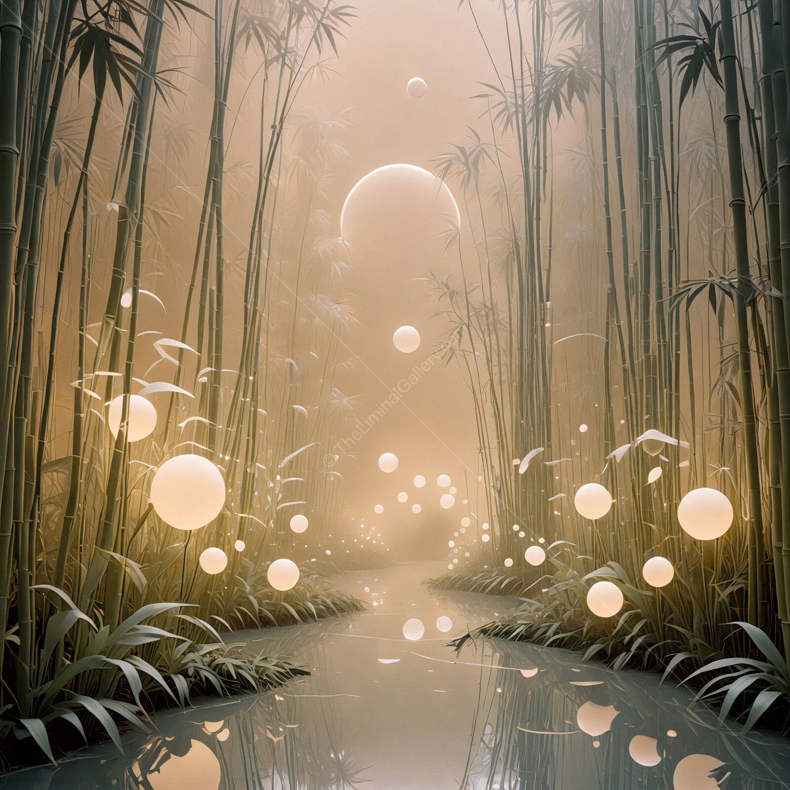 Serene bamboo grove illuminated by ethereal orbs on a tranquil river at dusk