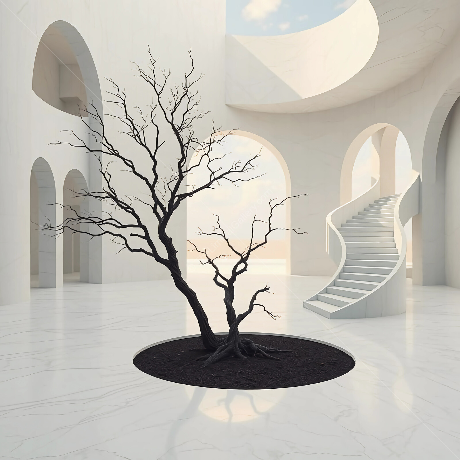 Sculptural liminal harmony of a bare tree rooted in an elegant architectural space at dawn