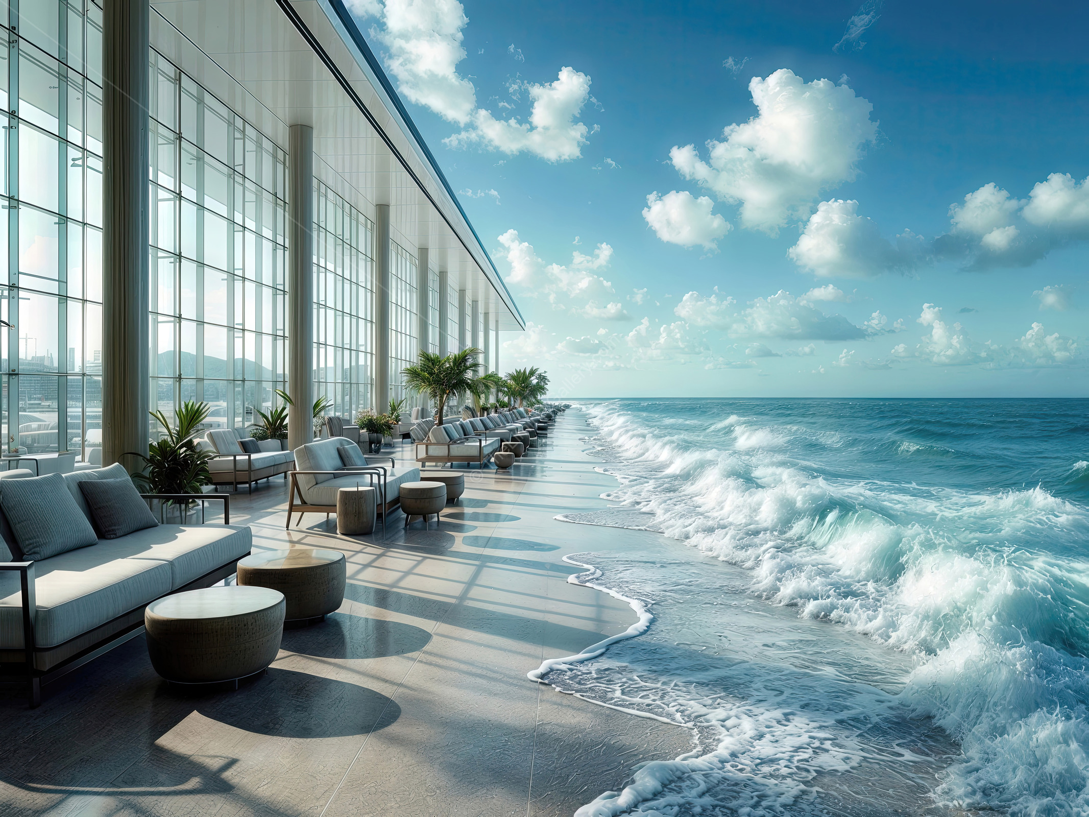 Luxury beachfront haven overlooks endless ocean, rhythmic waves and gentle breeze offering unrivaled coastal tranquility for rejuvenation and peaceful escape