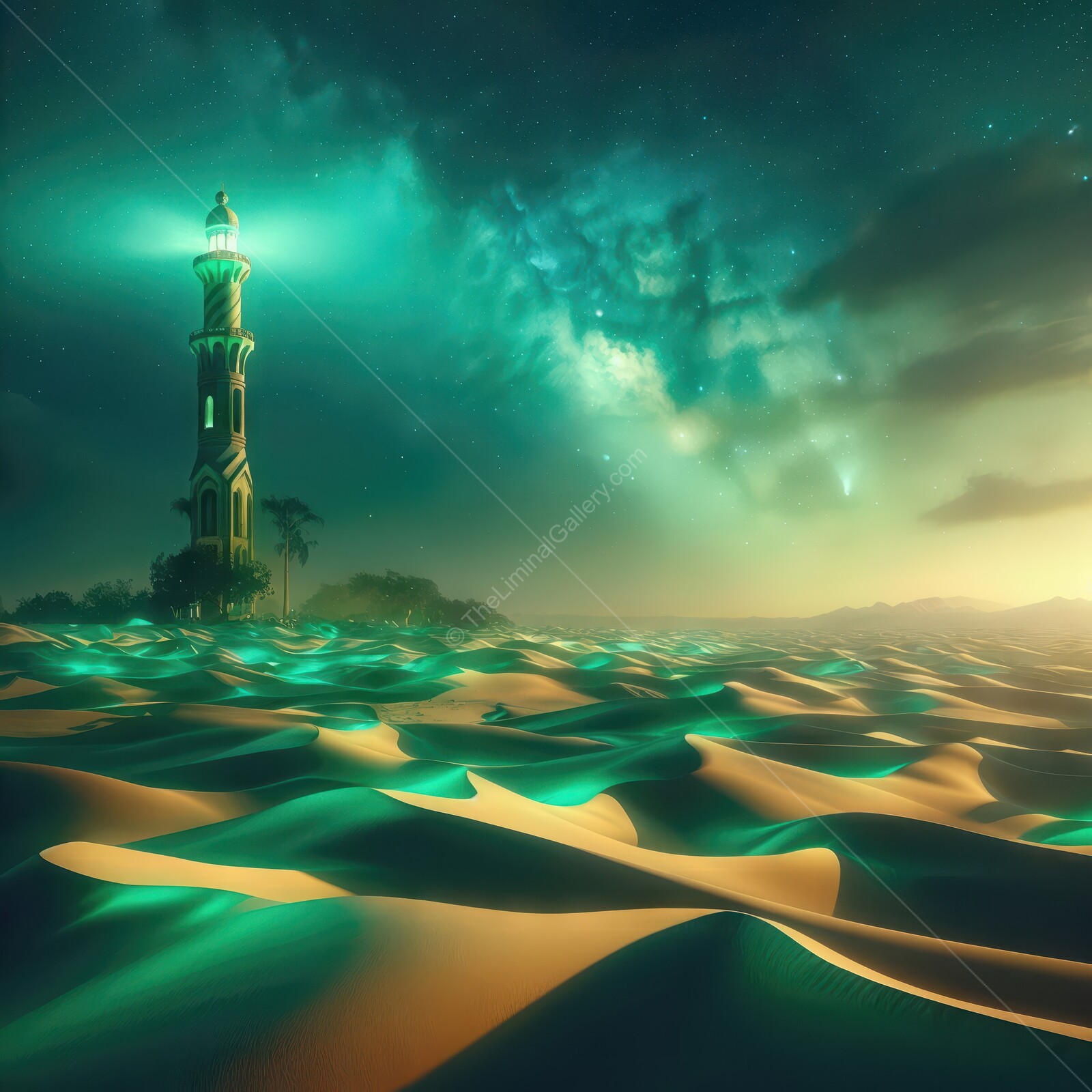 Shining liminal beacon guided by the stars illuminates the mystical desert at twilight