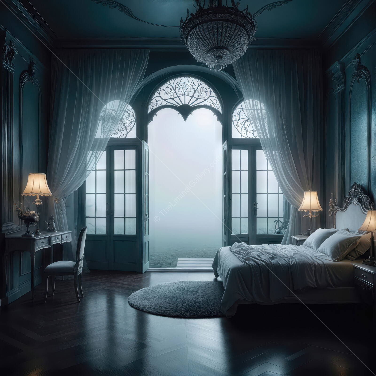 Elegant bedroom with a misty view and vintage decor in a serene setting