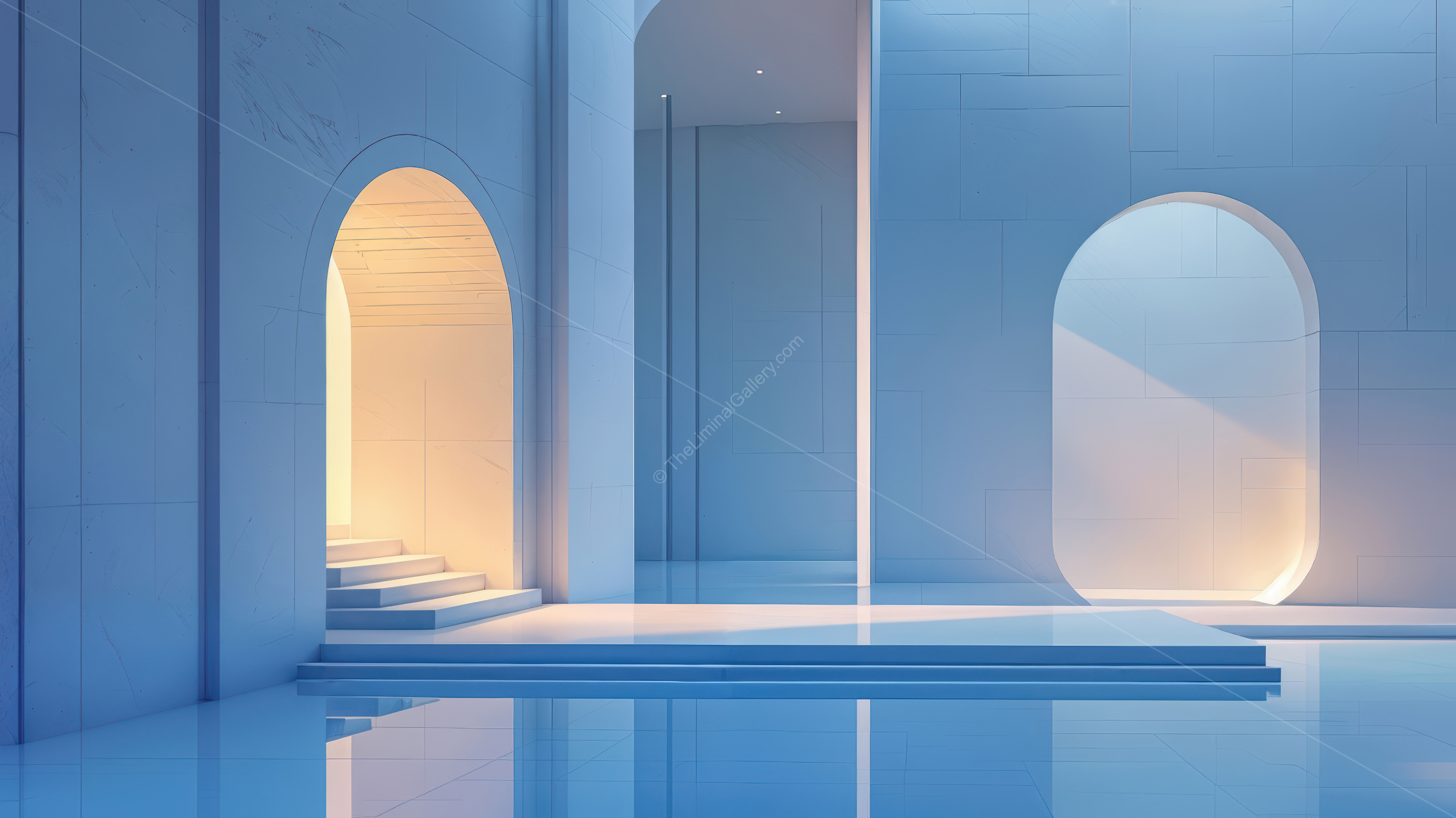 A contemporary architectural design featuring graceful arches and a calming lighting scheme, creating a peaceful atmosphere during the serene moments of the evening