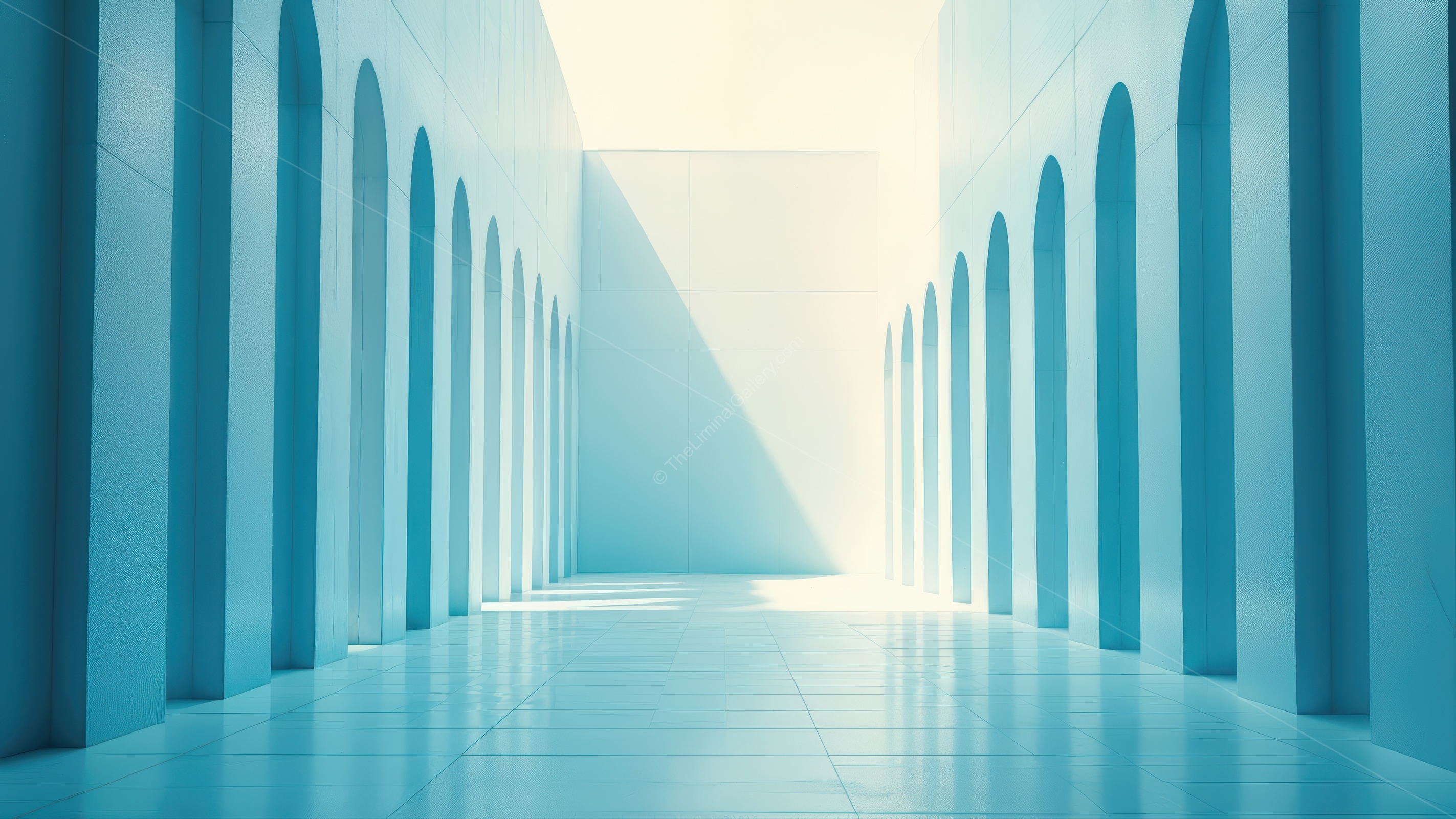 Gentle blue hues and soaring arches shape a minimalist walkway, the dance of light and shadow guiding visitors through an architectural vision of calm clarity