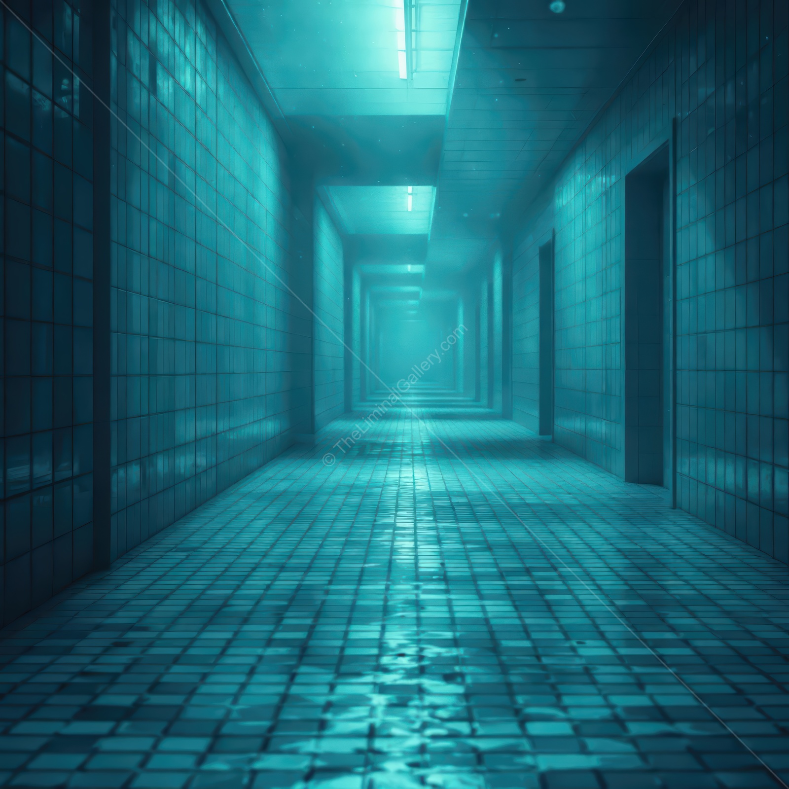 Mysterious corridor illuminated by blue light evokes a sense of intrigue and suspense in a deserted environment filled with shadows and potential secrets