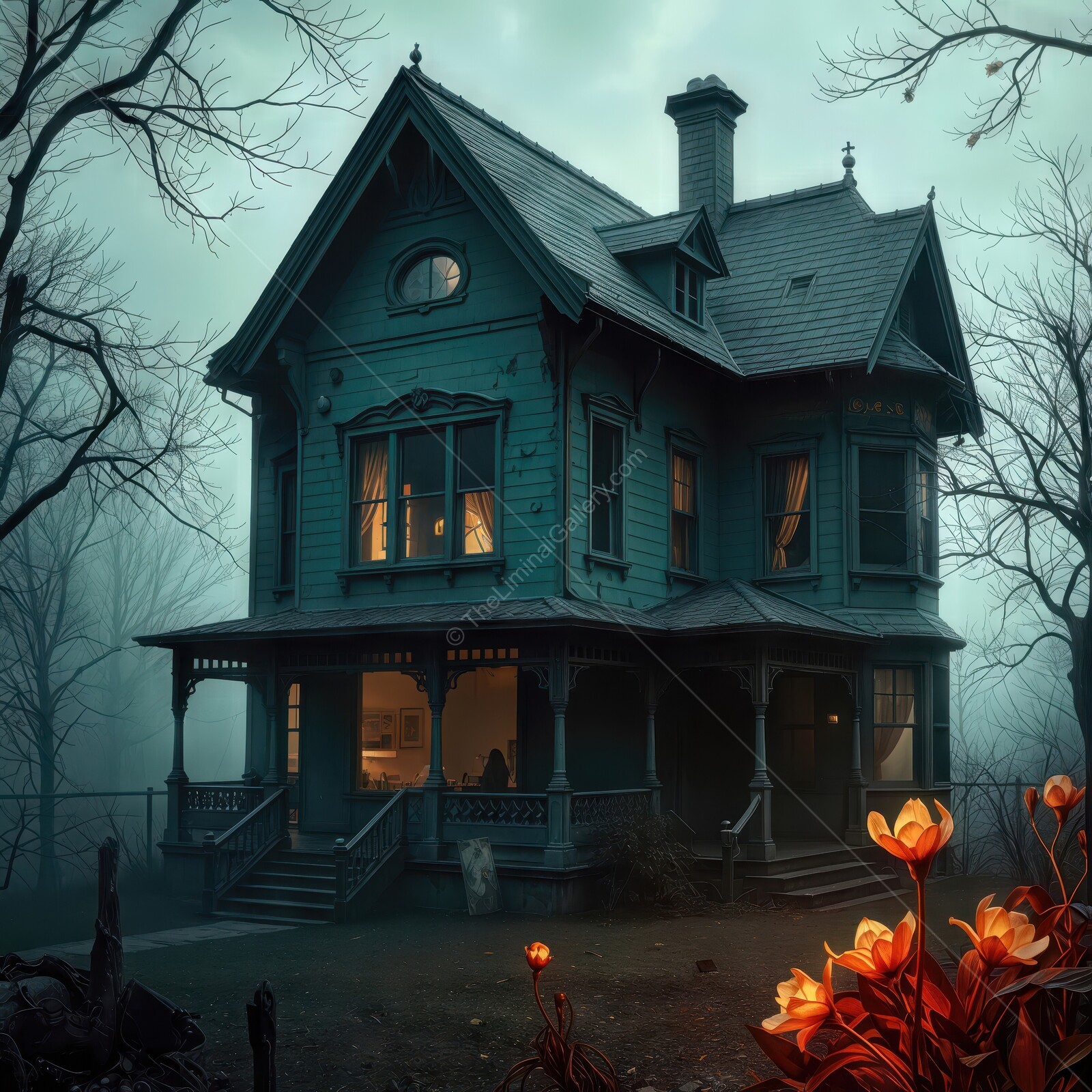 Enchanting blue haunted Victorian house adorned with glowing flowers at twilight in a mysterious forest