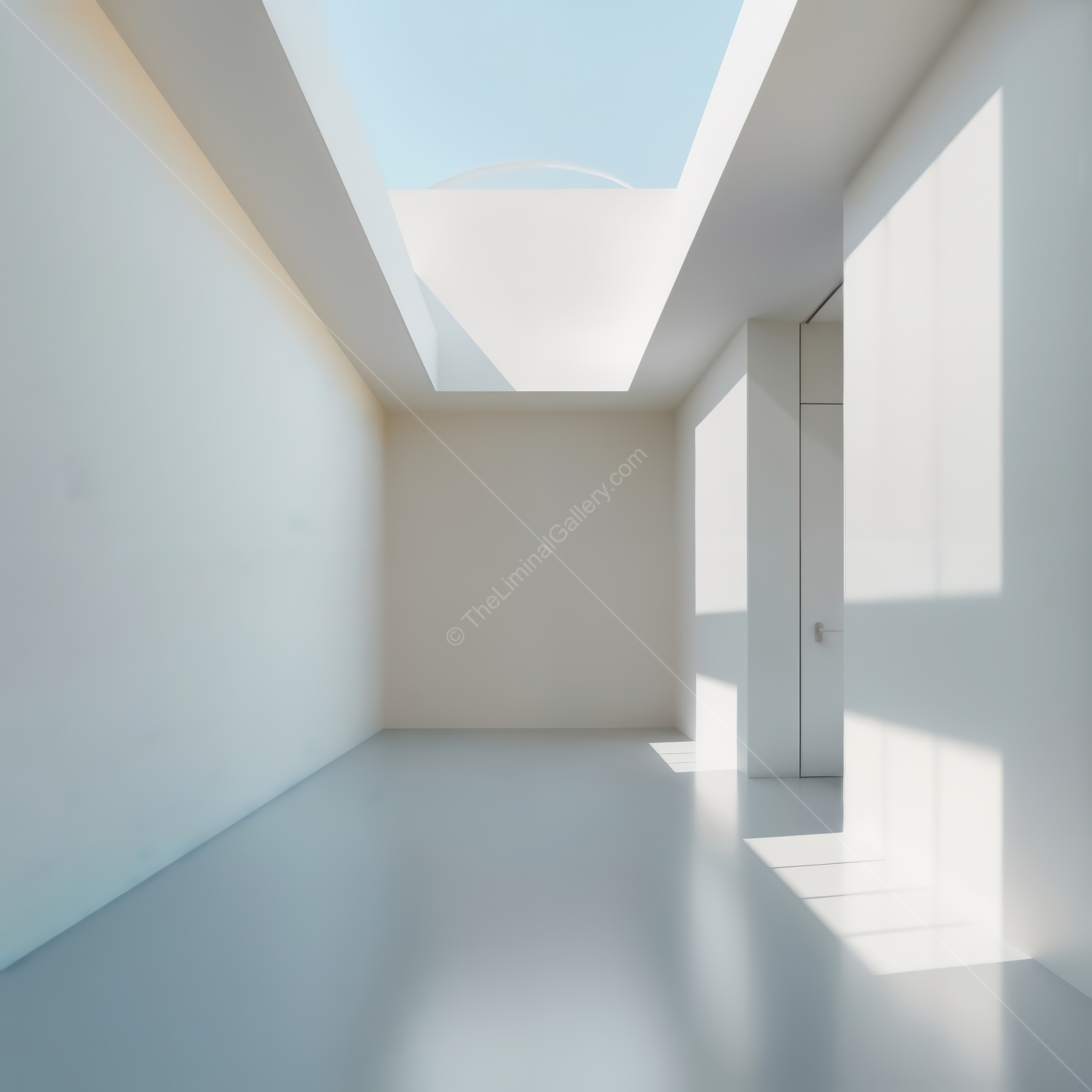 Bright and airy liminal modern interior with minimalist design and natural light streaming through skylights