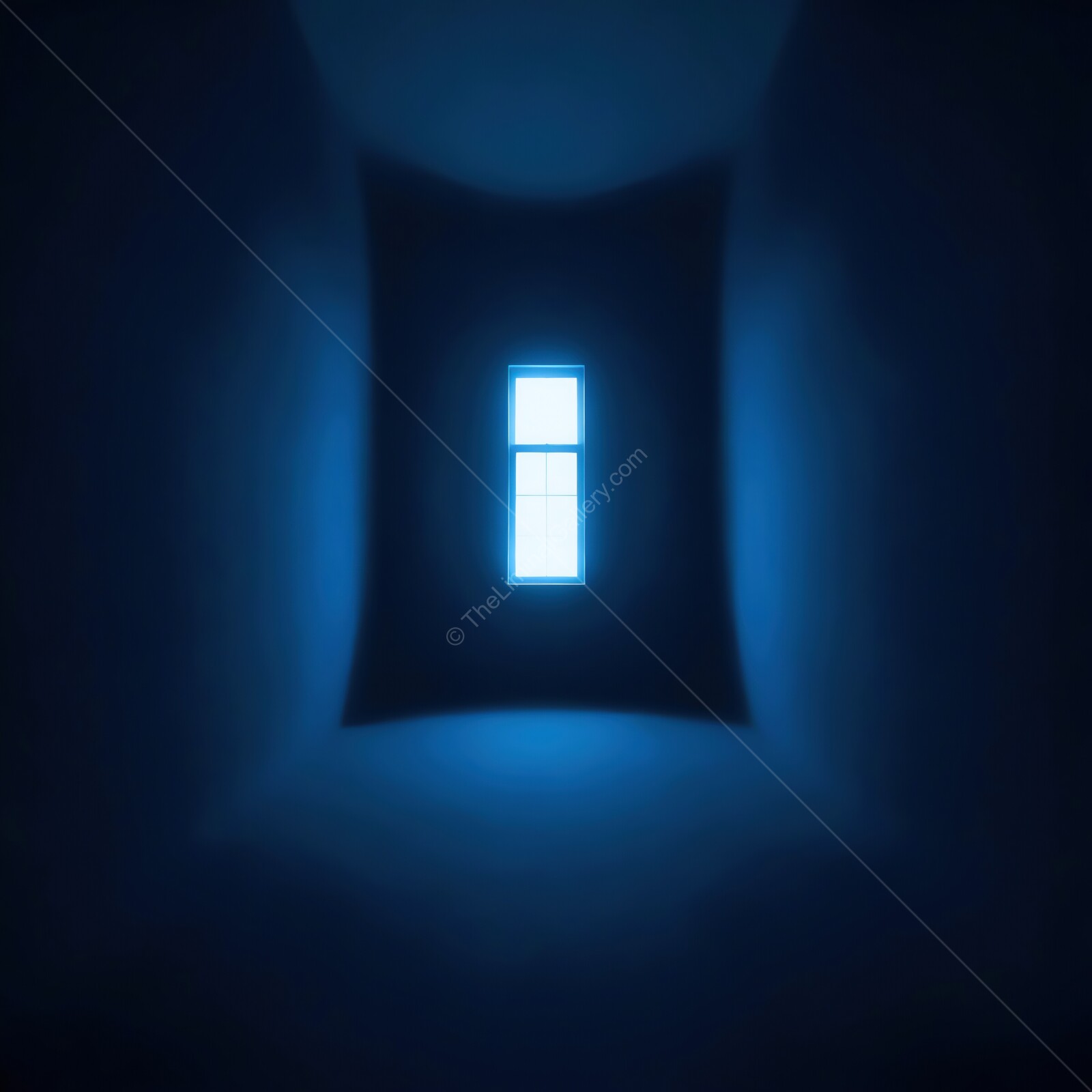Bright liminal light streams through a mysterious dark hallway creating an ethereal atmosphere