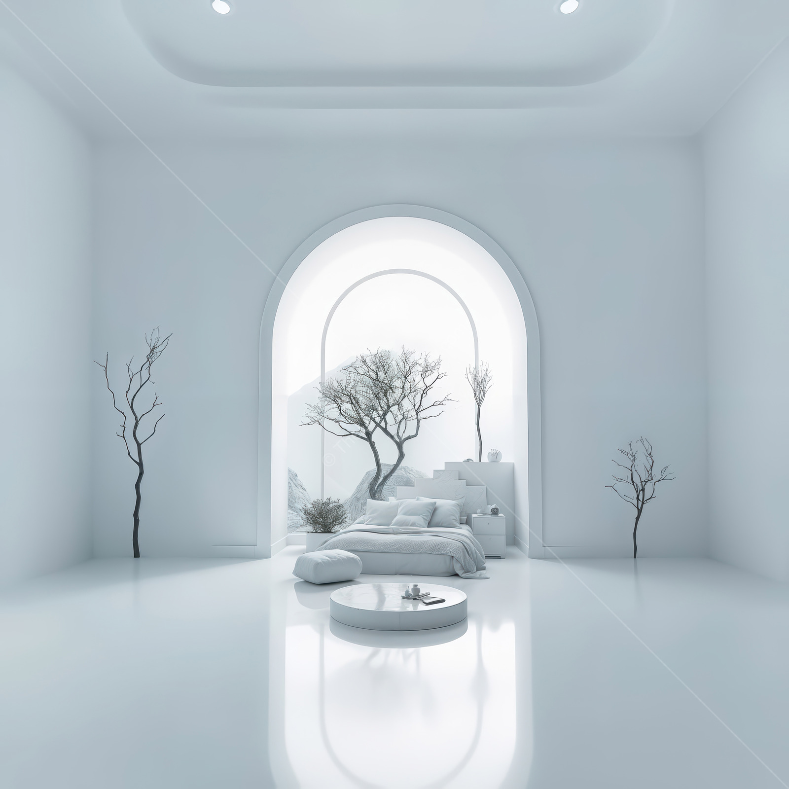 Bright liminal minimalist interior featuring serene nature and elegant decor in a tranquil setting