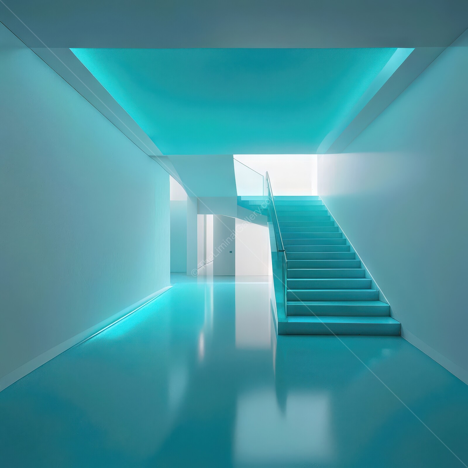Bright and modern liminal interior with glowing blue accents in a minimalist space