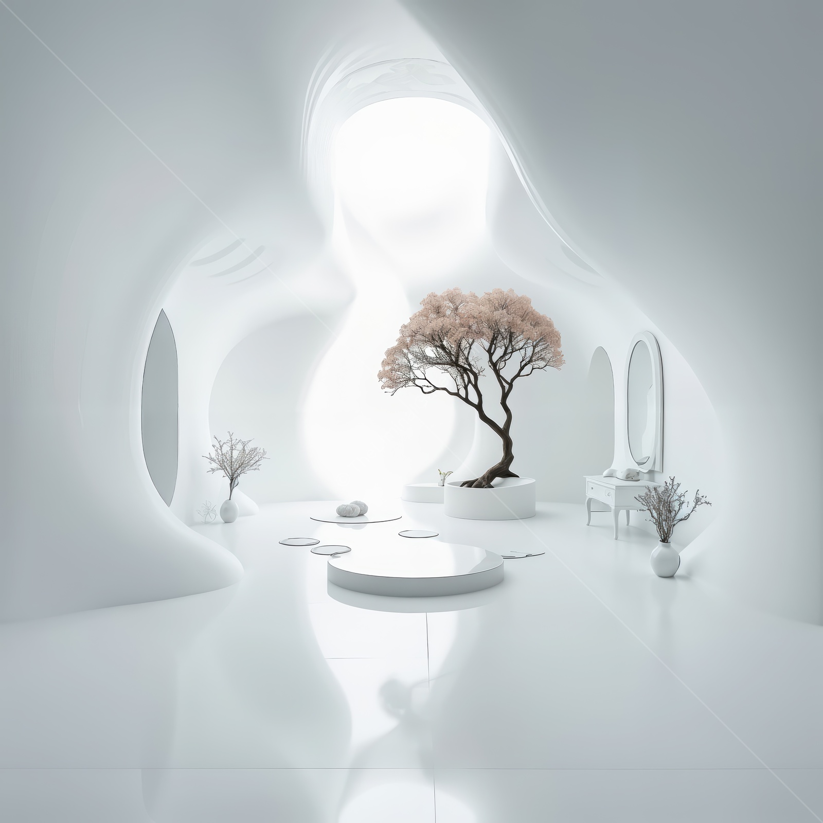 Bright and serene liminal room featuring a striking tree with delicate blossoms, evoking tranquility and elegance
