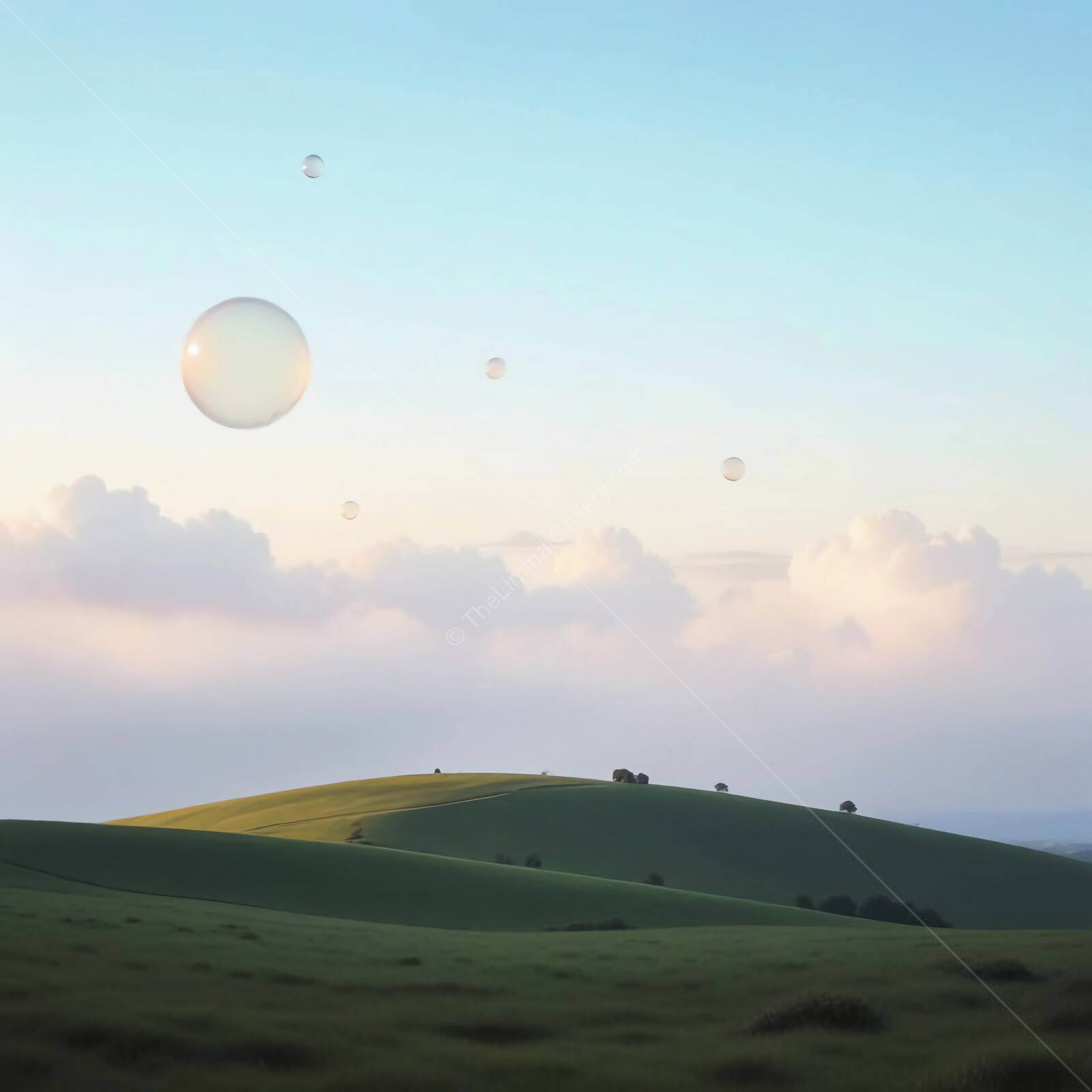 Bubbles float gracefully over gentle liminal rolling hills under a pastel sky at dusk
