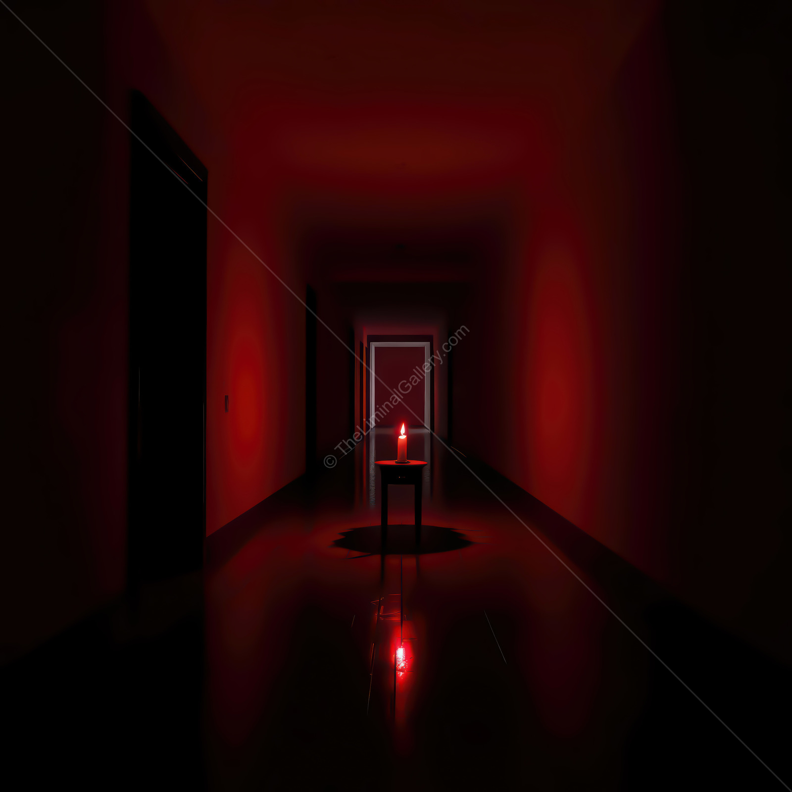 Liminal candlelit corridor at midnight flickers with dancing shadows, flame-lit walls weaving eerie yet captivating ambience that tempts visitors deeper into night