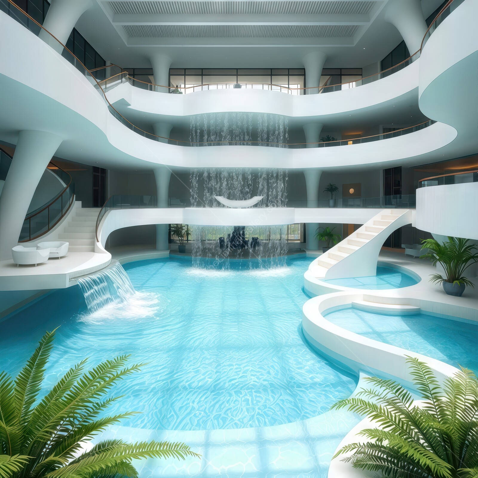 Luxurious indoor pool setting featuring cascading waterfalls and elegant architecture in a modern retreat