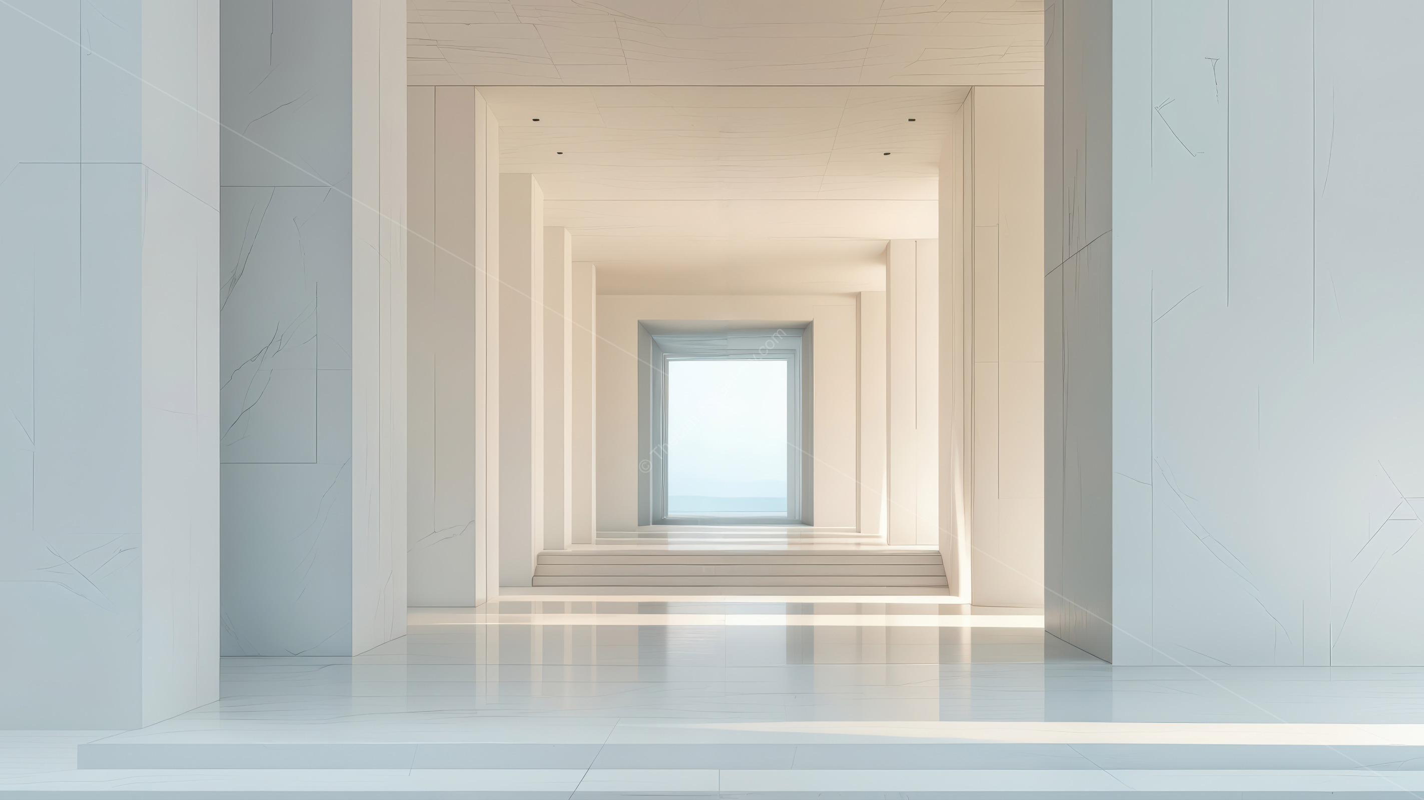 Arcaded pathway of cascading white arches glows with natural light, guiding travelers through serene surroundings that inspire discovery and quiet joy