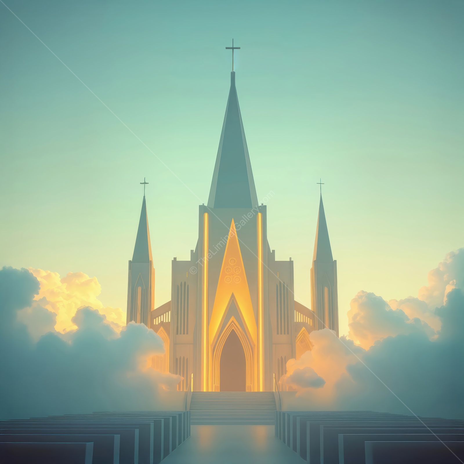 Majestic cathedral emerging from the clouds in a surreal liminal space at dawn