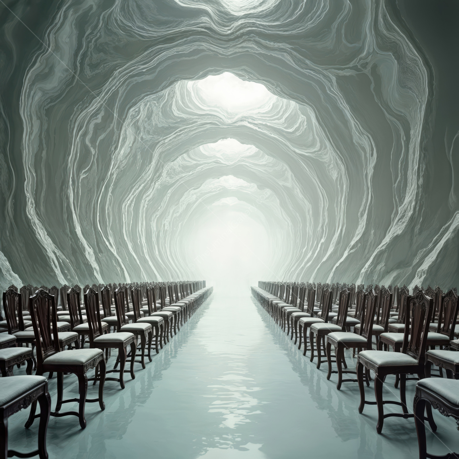 Liminal cavern pathway lined with reflective chairs leads toward ethereal light, soft curves and hush creating a meditative journey through surreal beauty