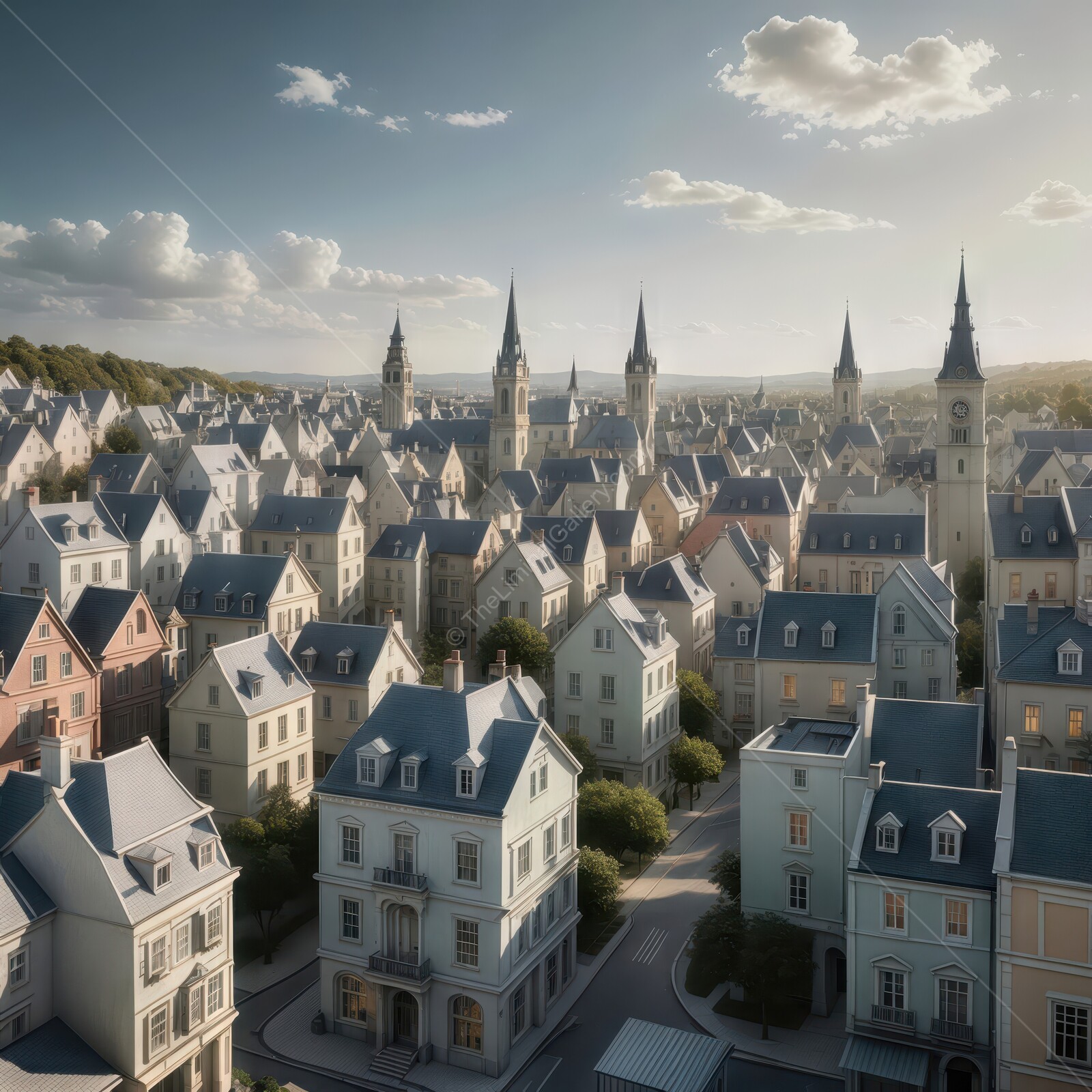 Charming architecture of a scenic town bathed in sunlight at dawn offers a glimpse into tranquil liminal living