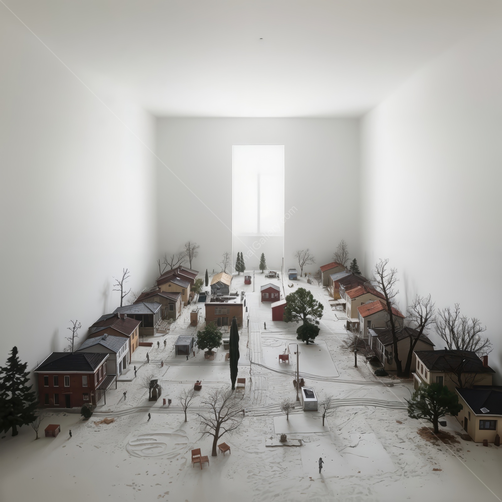 Charming miniature village arranged in a bright space showcasing detailed landscapes and tiny figures