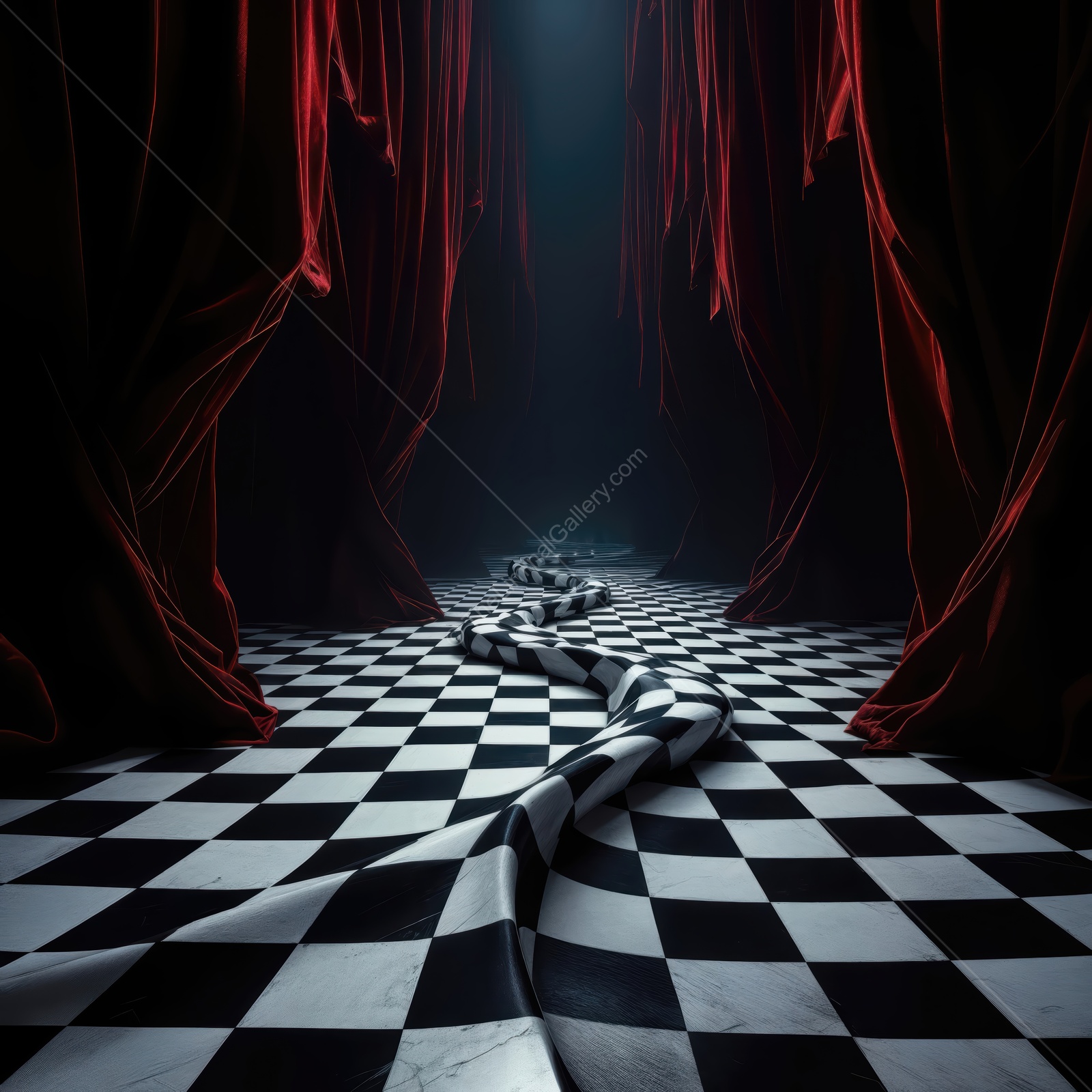 Mysterious corridor with black and white checkered floor leading to dark unknown