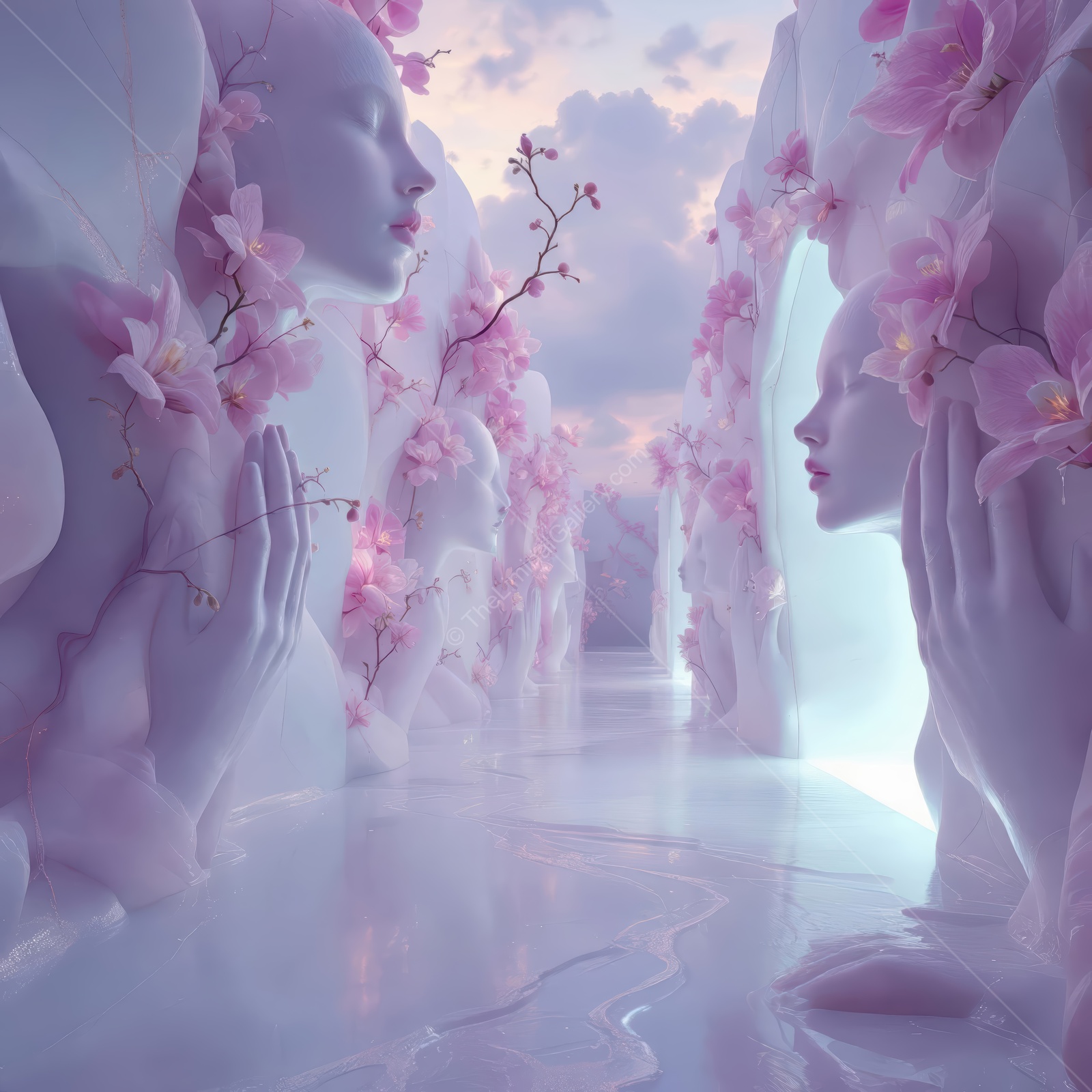 Exploring the surreal beauty of a dreamlike liminal space filled with ethereal figures and delicate cherry blossoms