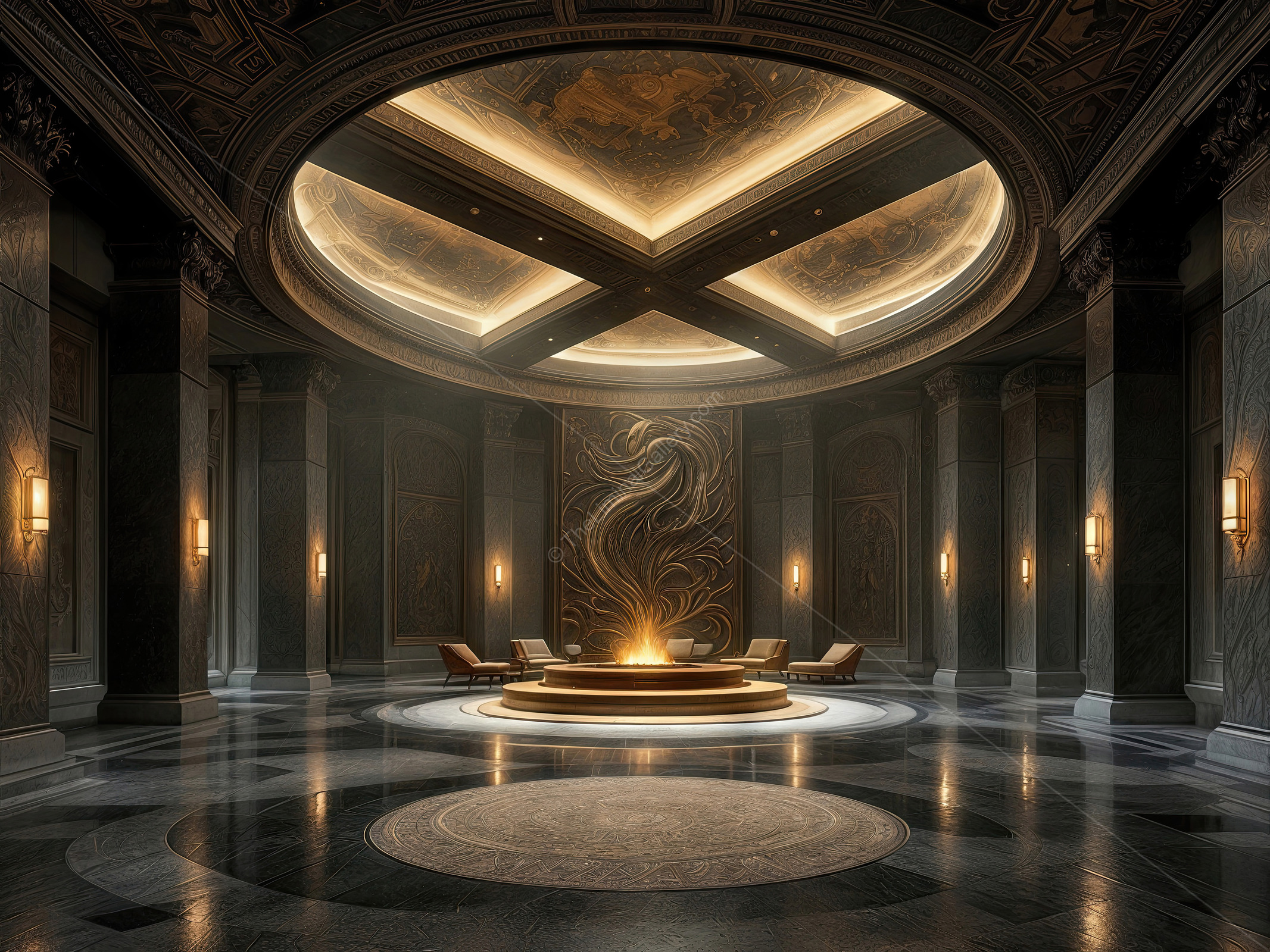 Grand circular chamber with luminous ceiling and central fire pit radiates warmth, elegant seating creating an inviting sanctuary for conversation and repose