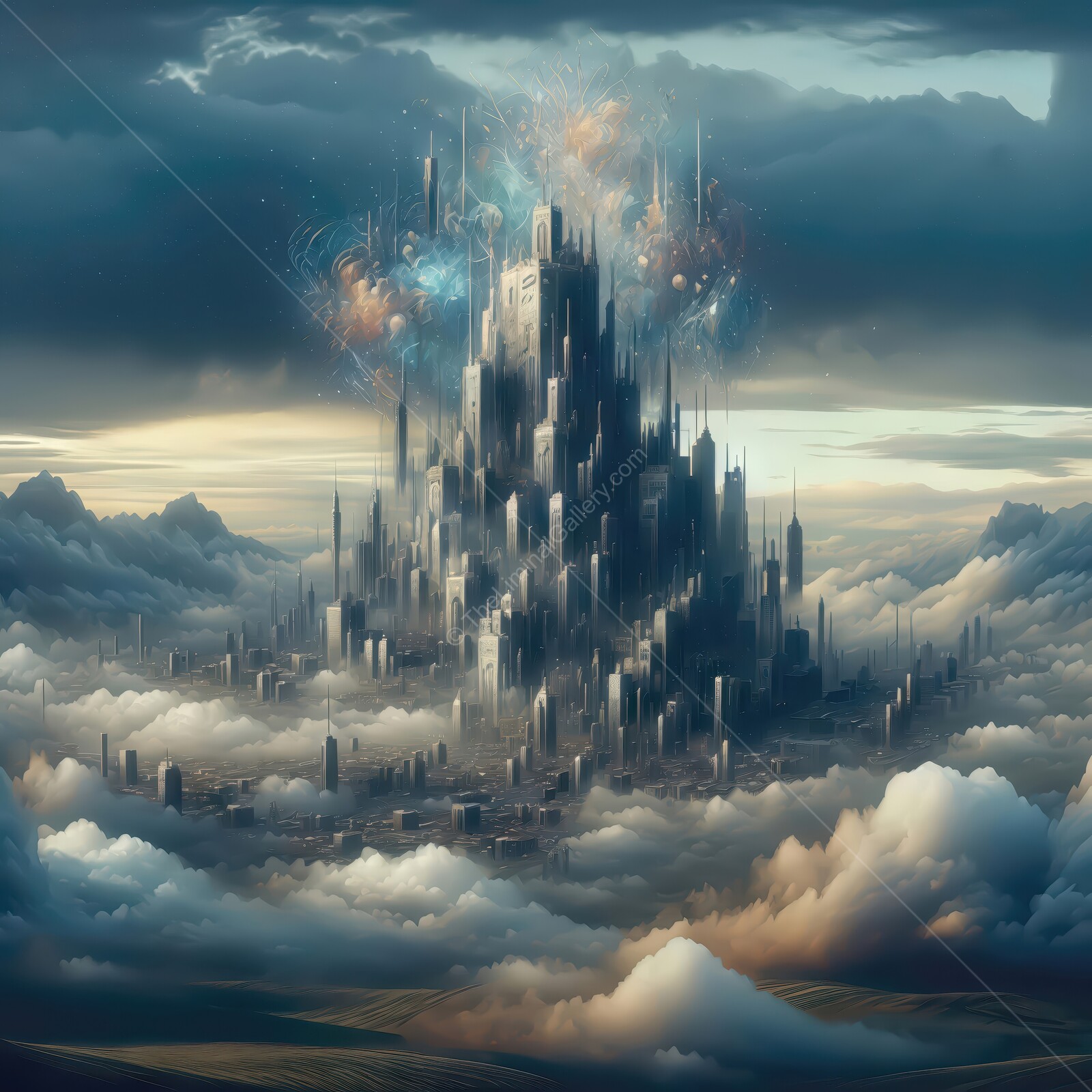 Majestic citadel rises above the clouds under a mesmerizing cosmic sky at twilight