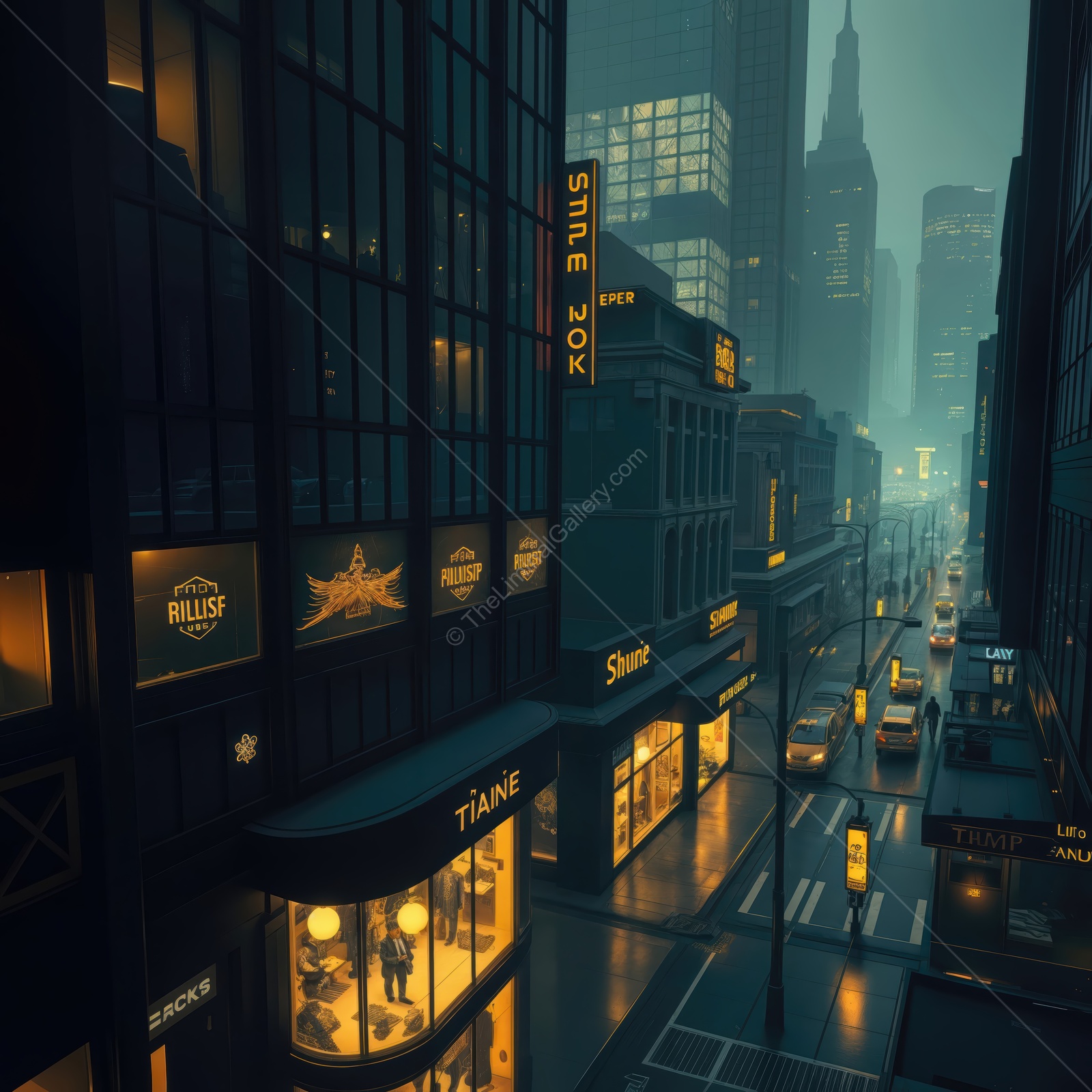 Vibrant liminal space in a city at dusk with glowing storefronts and misty atmosphere