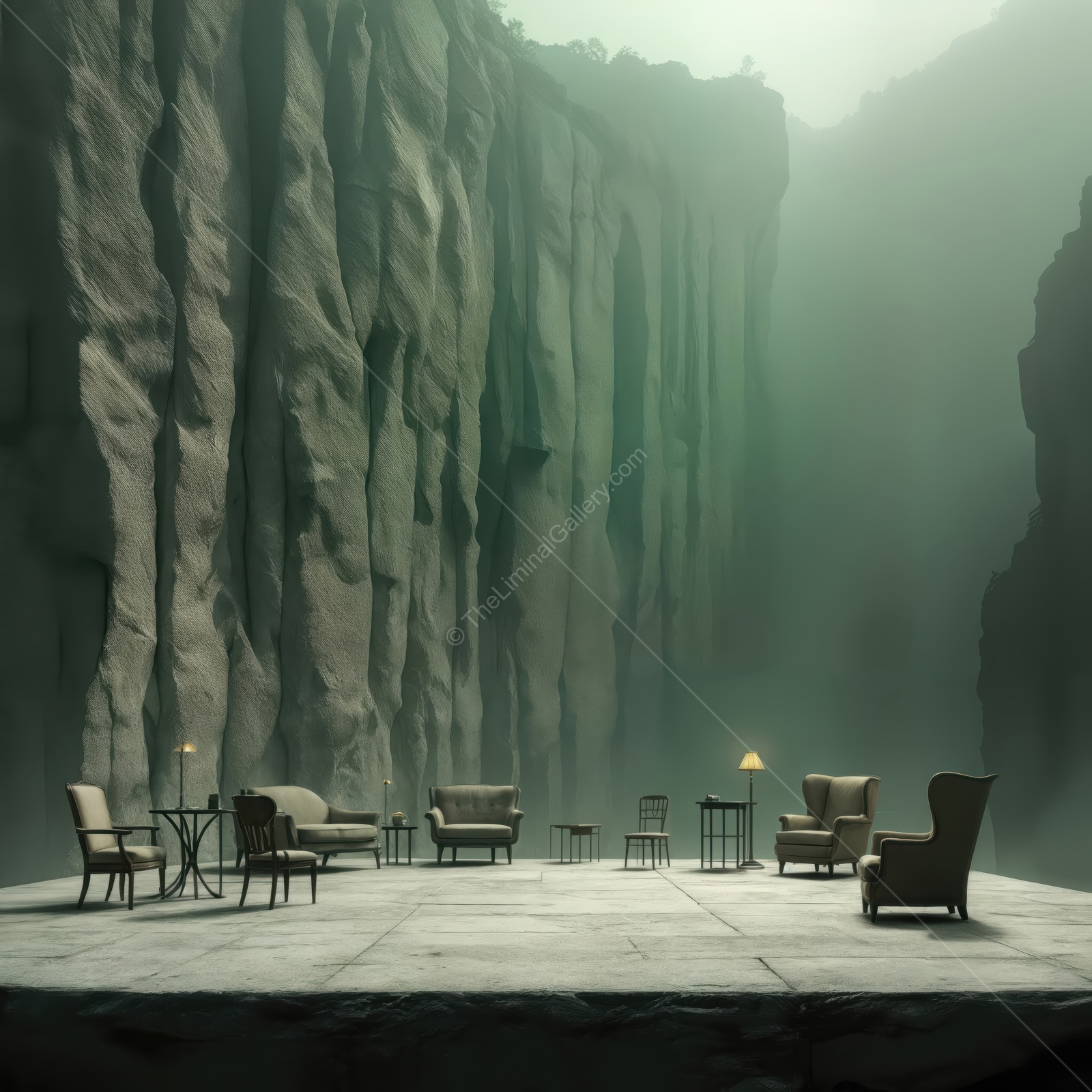 Mysterious liminal space with elegant furniture surrounded by towering cliffs in a foggy atmosphere