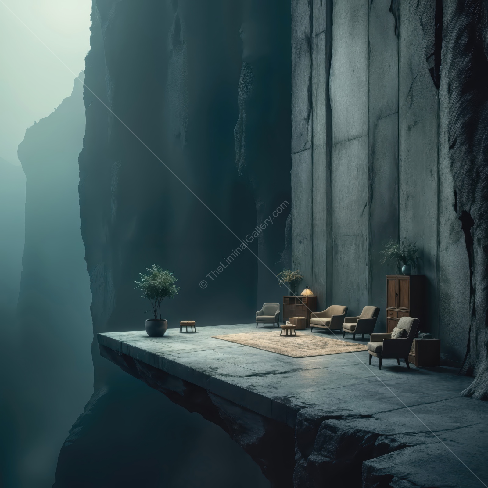 Liminal space of quiet contemplation filled with serene furniture on a cliff edge