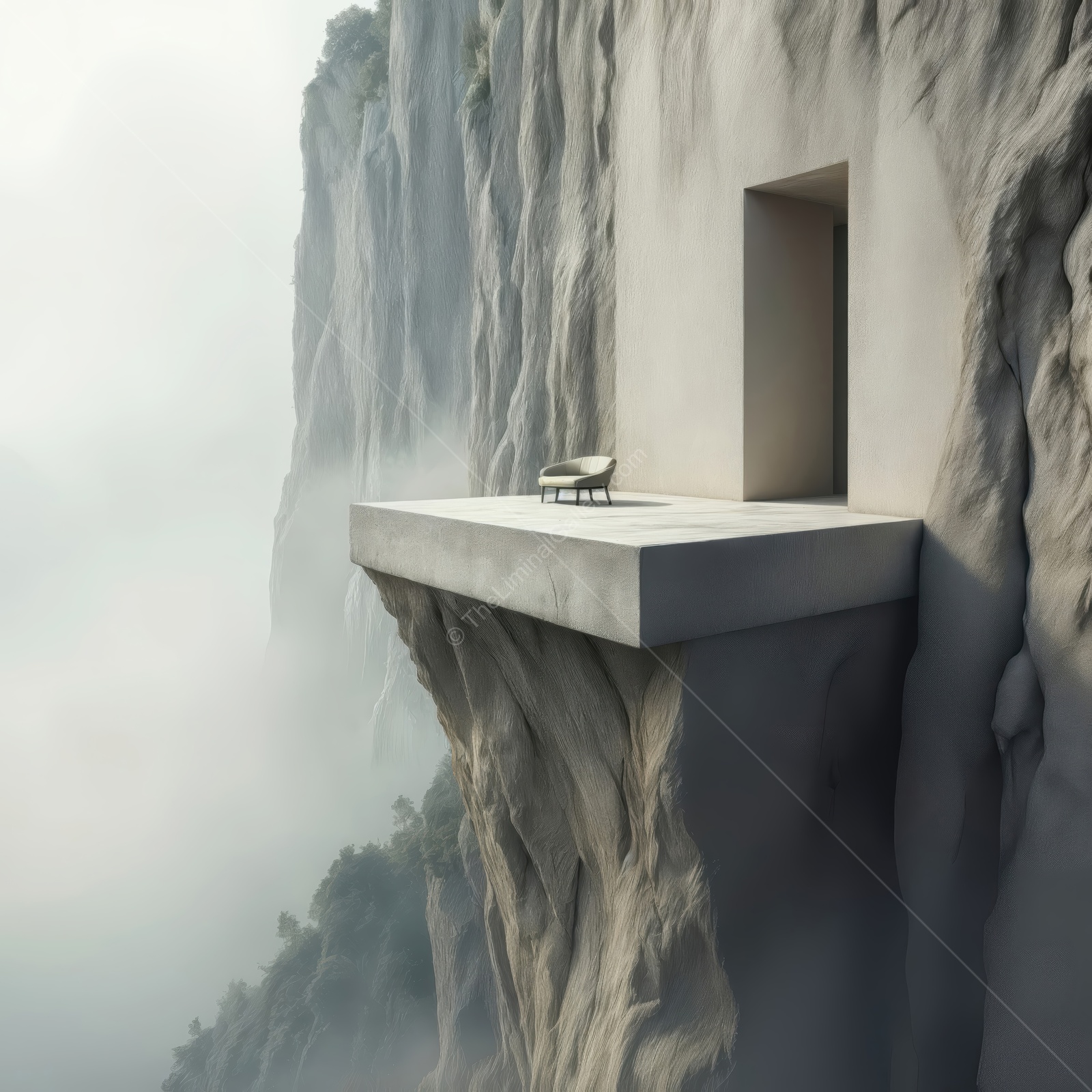 Exploring a surreal liminal space on a cliffside overlooking a misty abyss at sunrise