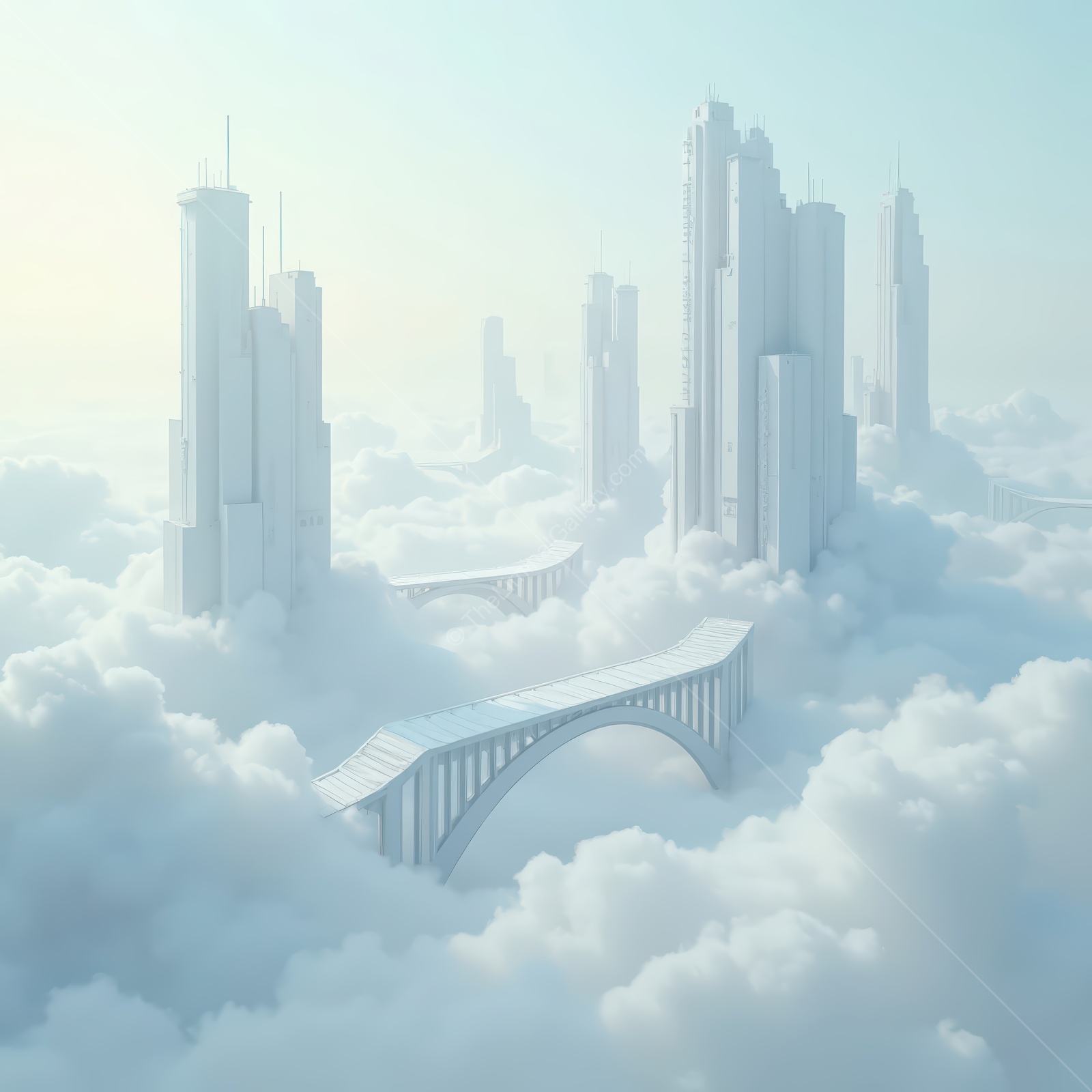 A liminal megacity soars from swirling clouds, radiant towers linked by misty bridges to craft an urban dreamscape where fantasy and reality intertwine