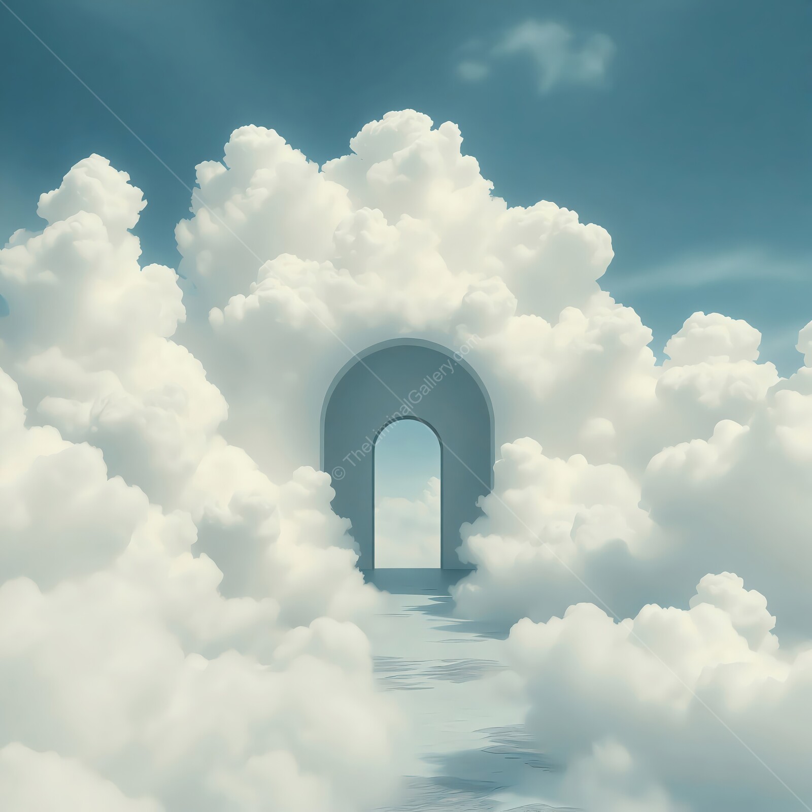 Clouds part to reveal a mysterious liminal archway leading to an ethereal paradise above the earth