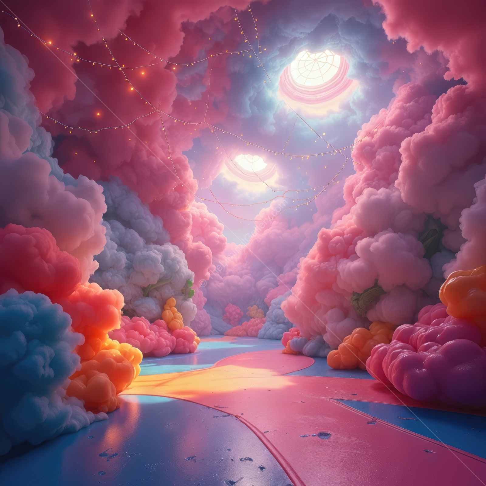 Liminal dreamscape of colorful clouds and radiant light drifts beneath a surreal sky, welcoming explorers to wander through otherworldly wonders and delight
