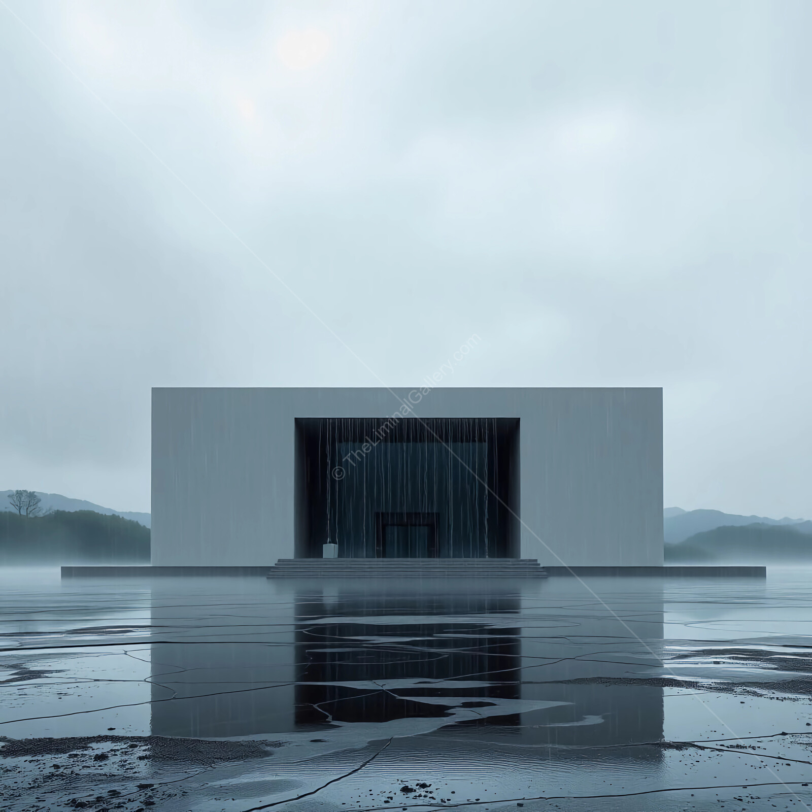 Contemplative liminal architecture emerges in the soft embrace of a rainy landscape at dusk