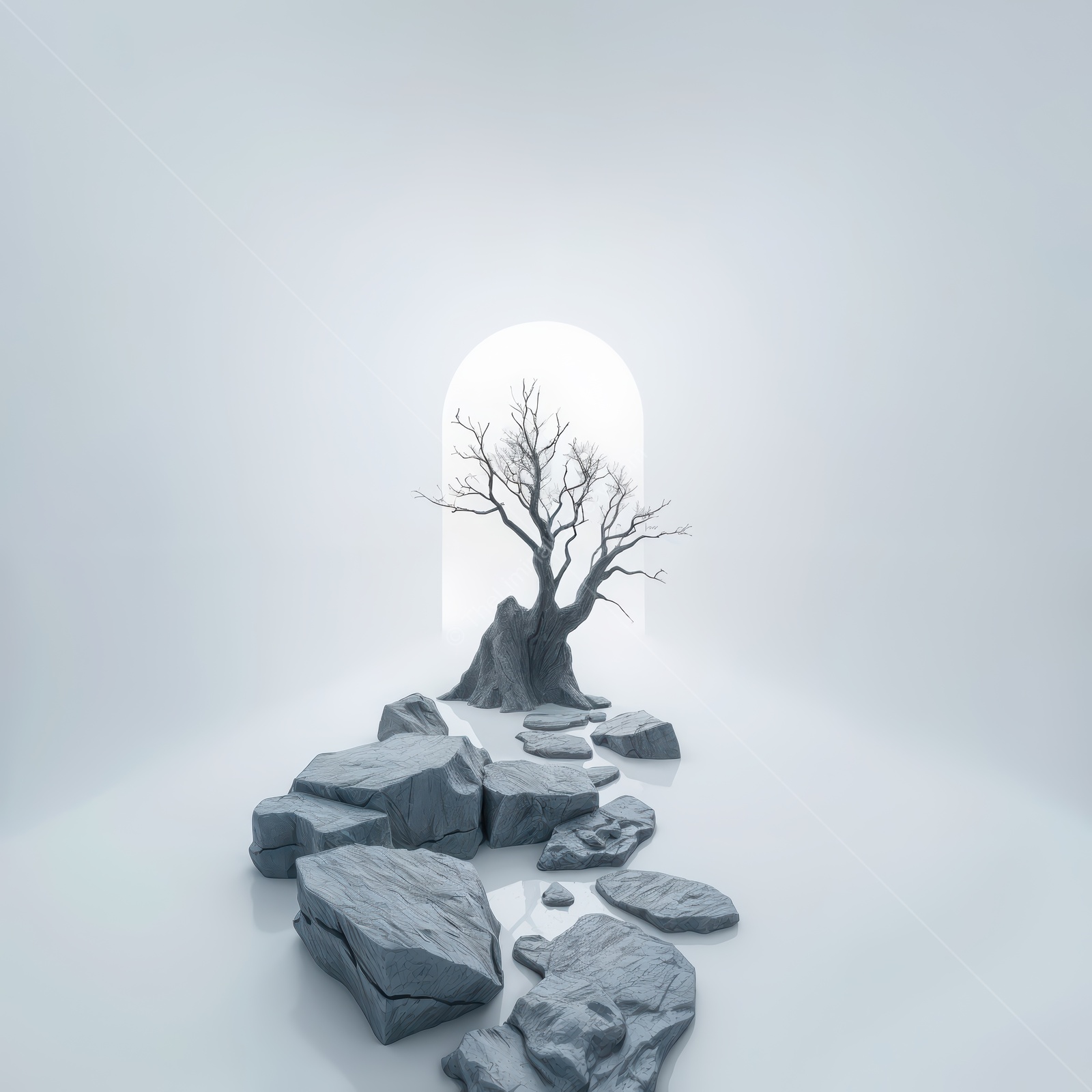Contemplative liminal journey through an ethereal corridor with a solitary tree and scattered stones