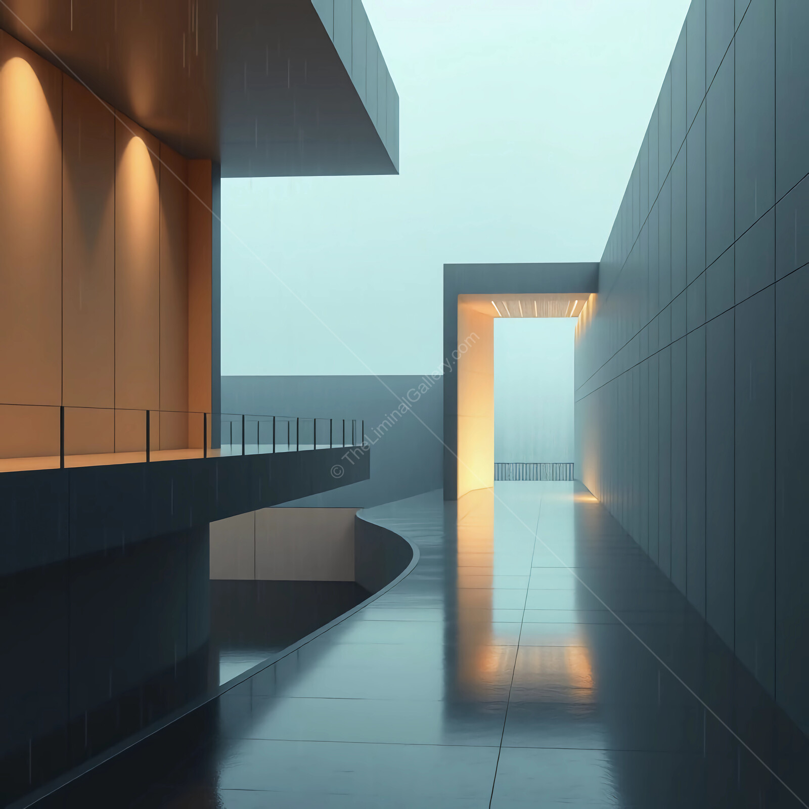 Contemporary liminal architecture with moody lighting and reflections on a rainy day