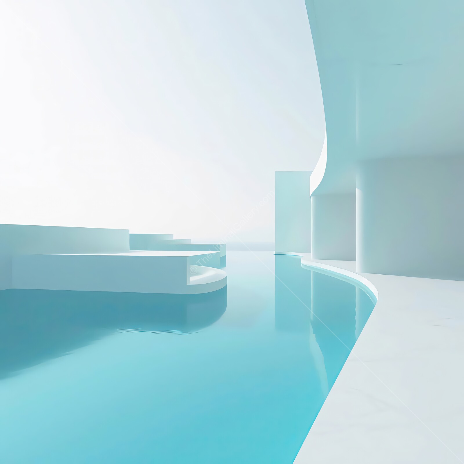 Stunning liminal contemporary architecture meets serene water landscape on a tranquil day