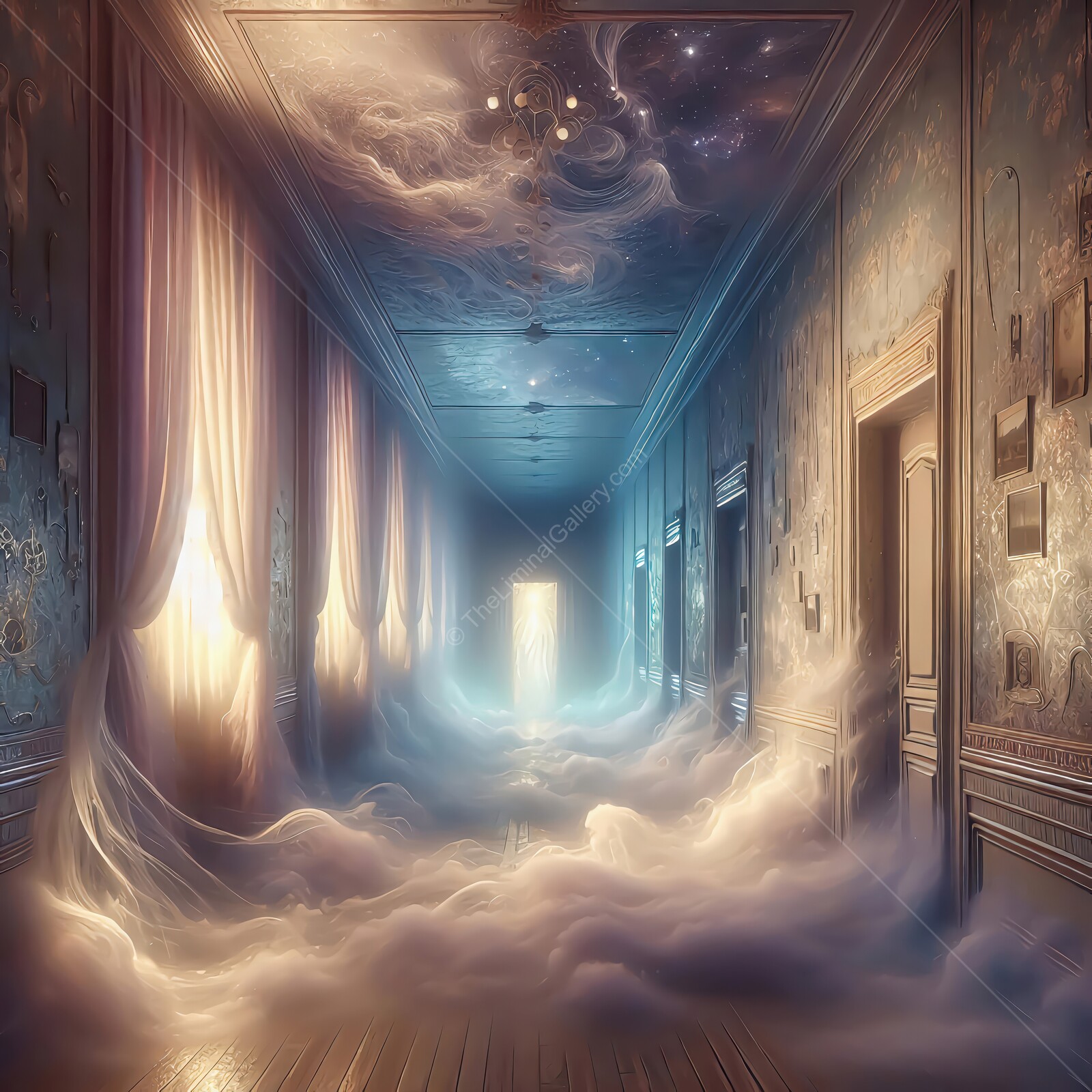 Mystical liminal corridor of clouds and light captured in an ethereal moment of serenity and wonder
