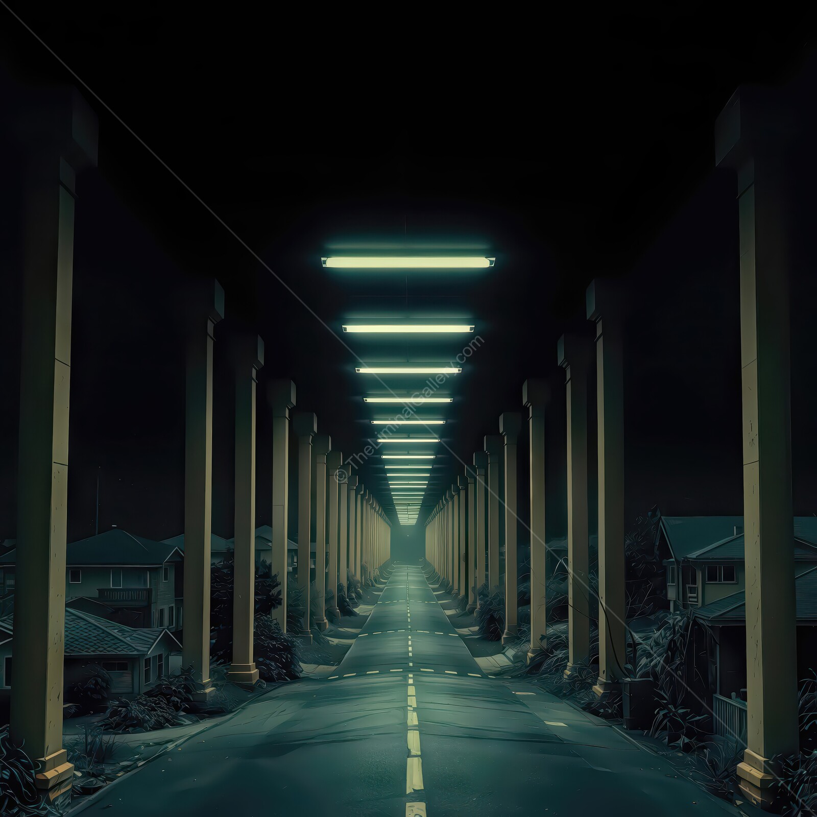 Mysterious corridor illuminated by eerie lights casts an enchanting spell at midnight in an abandoned neighborhood setting