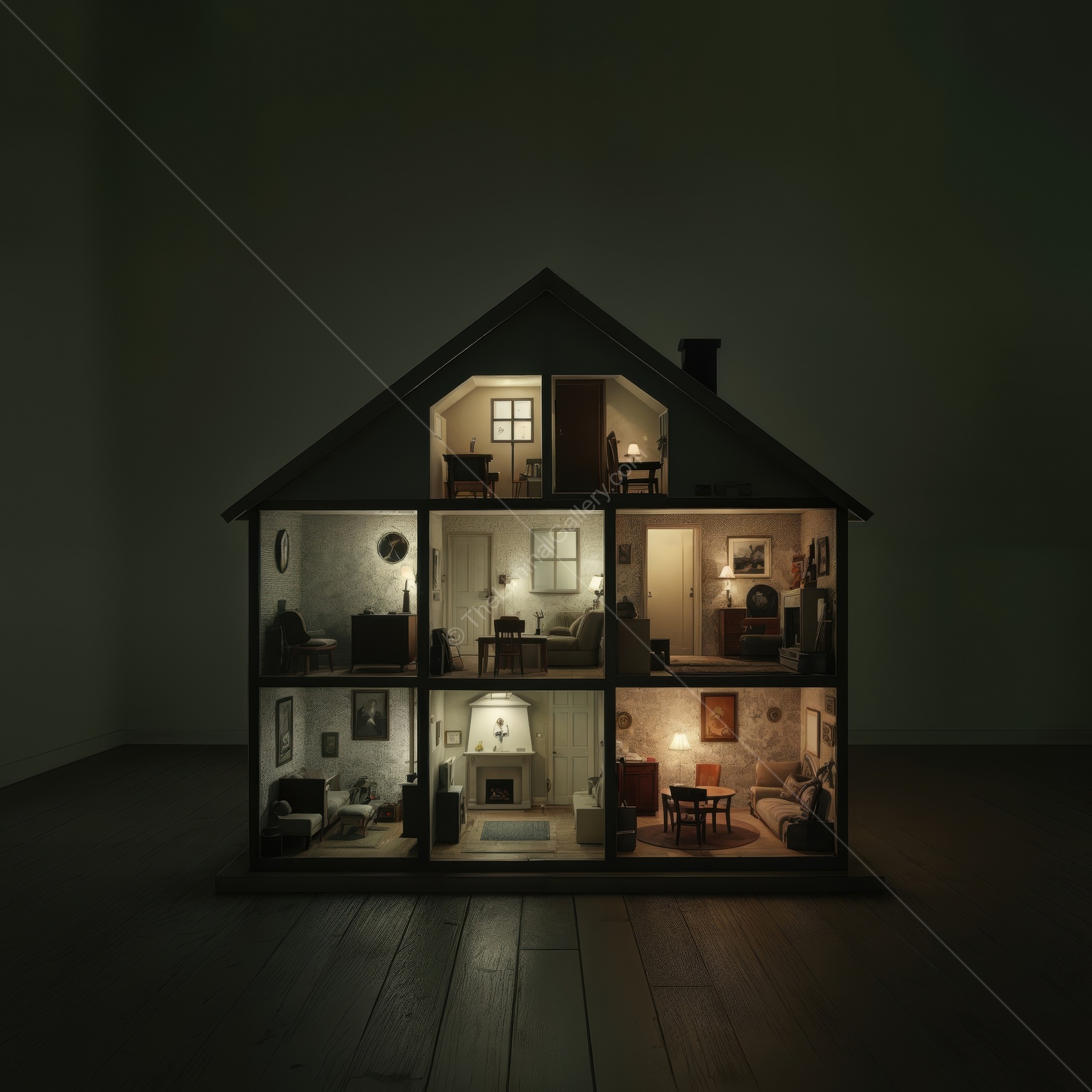 Intricate dollhouse reveals warmth of home life in dim lighting, showcasing cozy rooms filled with charming details, inviting nostalgia and imagination